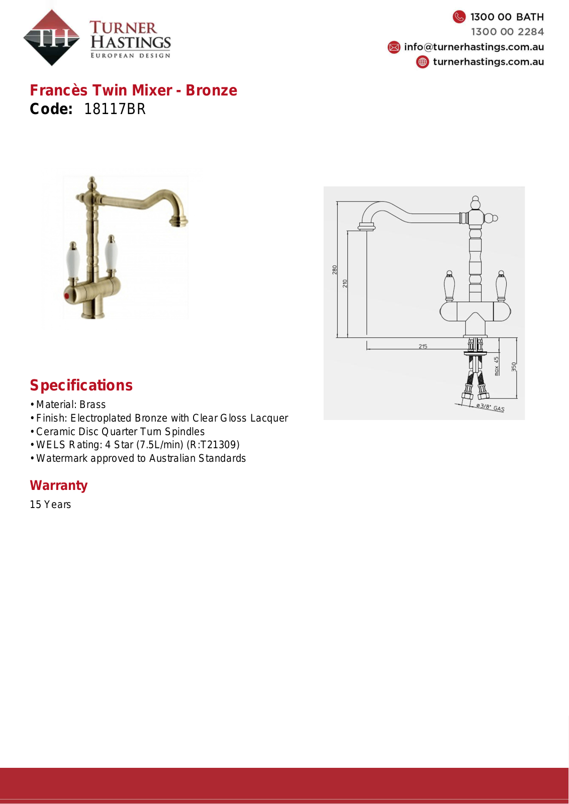 Turner Hastings 18117 Specifications Sheet