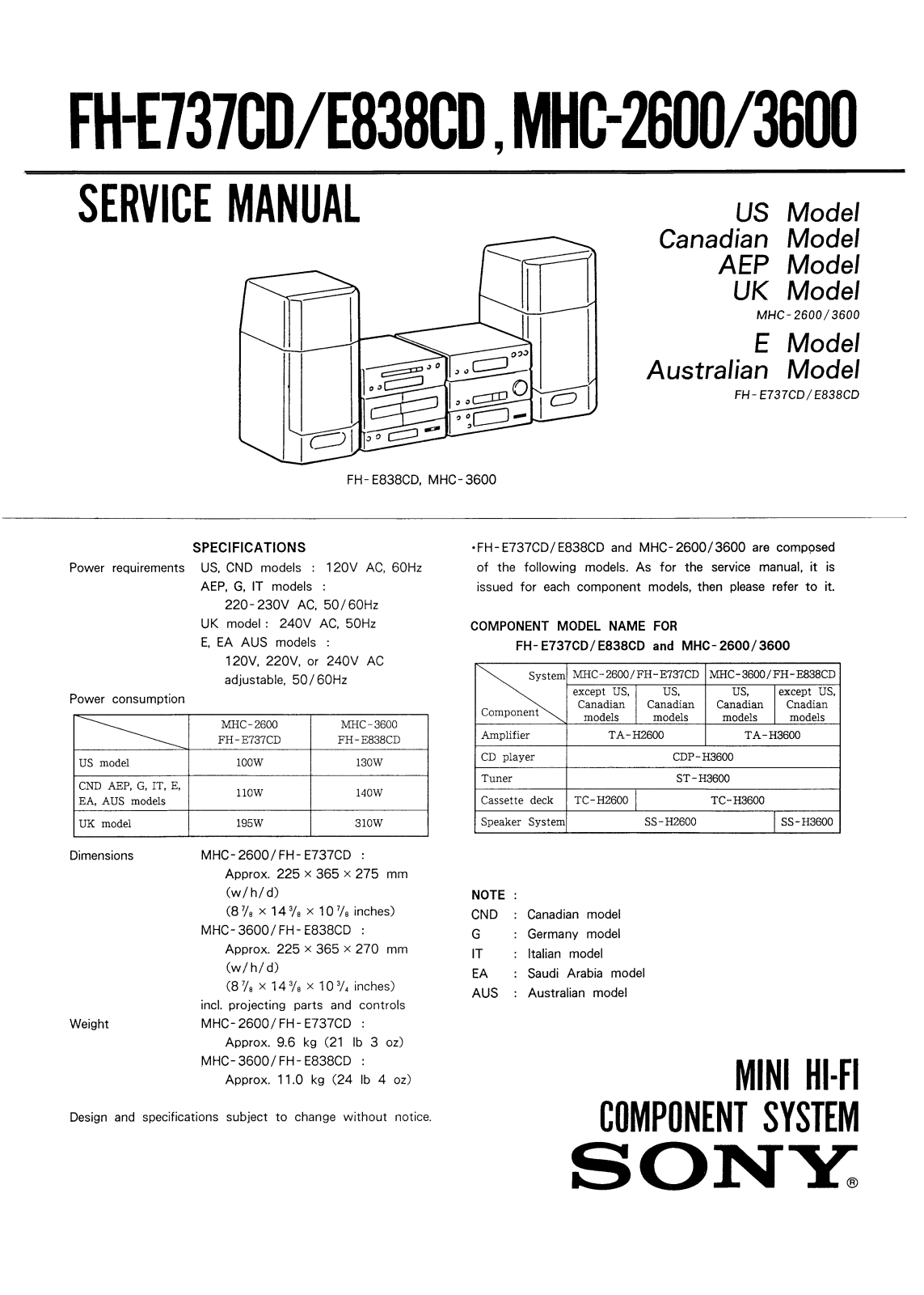 SONY FH-E838CD, FH-E733CD, MHC-3600, MHC-2600 SERVICE MANUAL