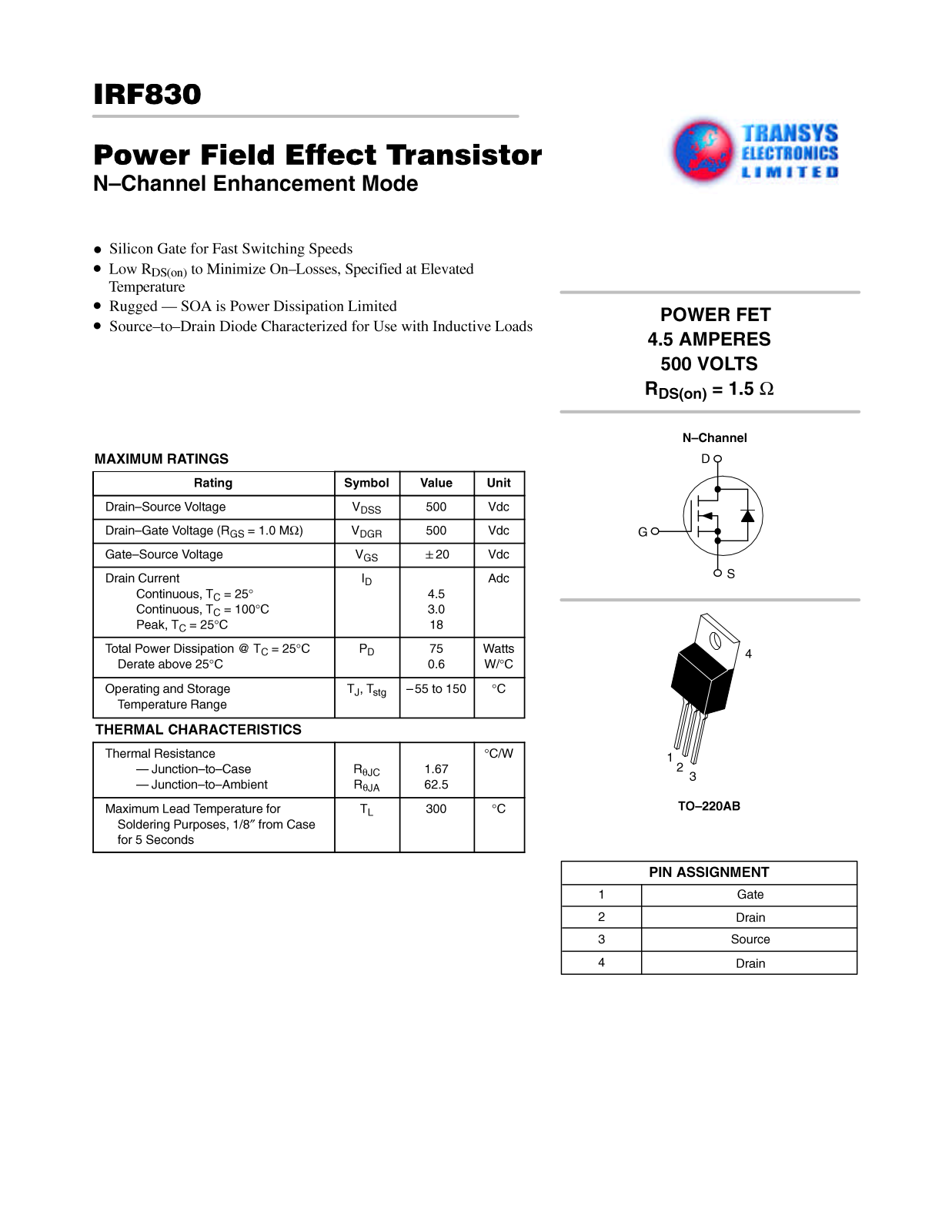 TEL IRF830 Datasheet