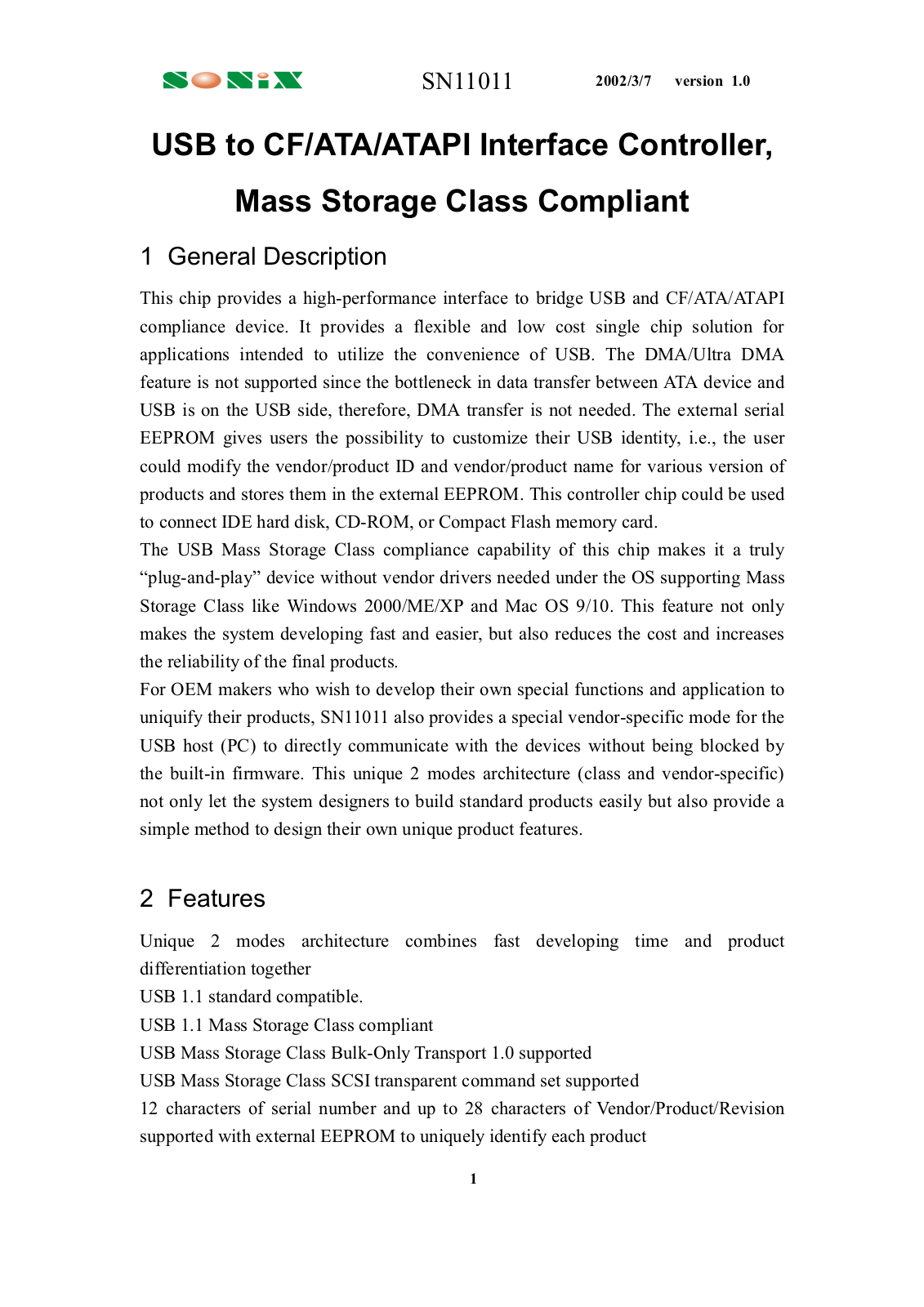 SONIX SN11011 Datasheet