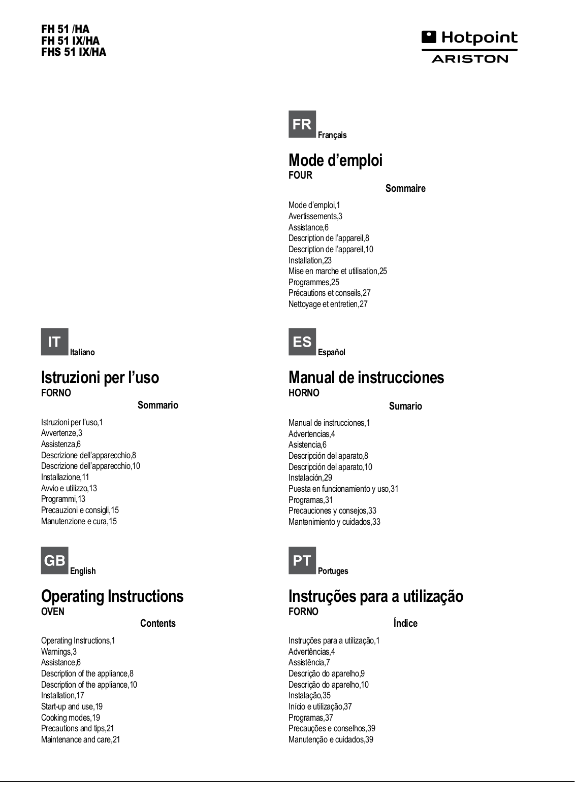 HOTPOINT/ARISTON FHS 51 IX/HA User Manual