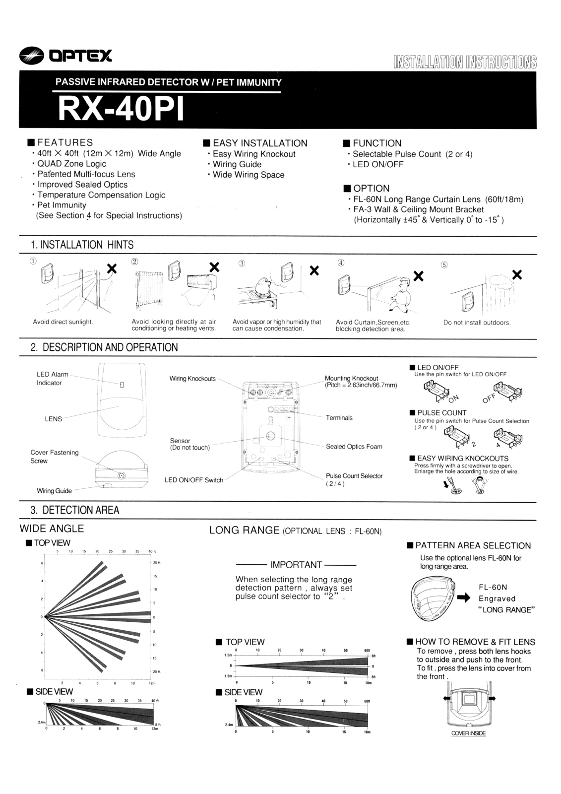 Optex RX-40-10PK, RX-40PI Installation