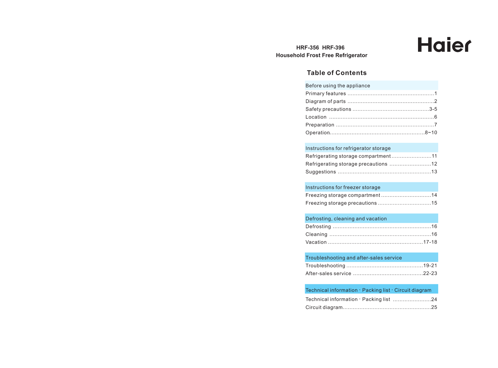 Haier HRF-396, HRF-356 User Manual