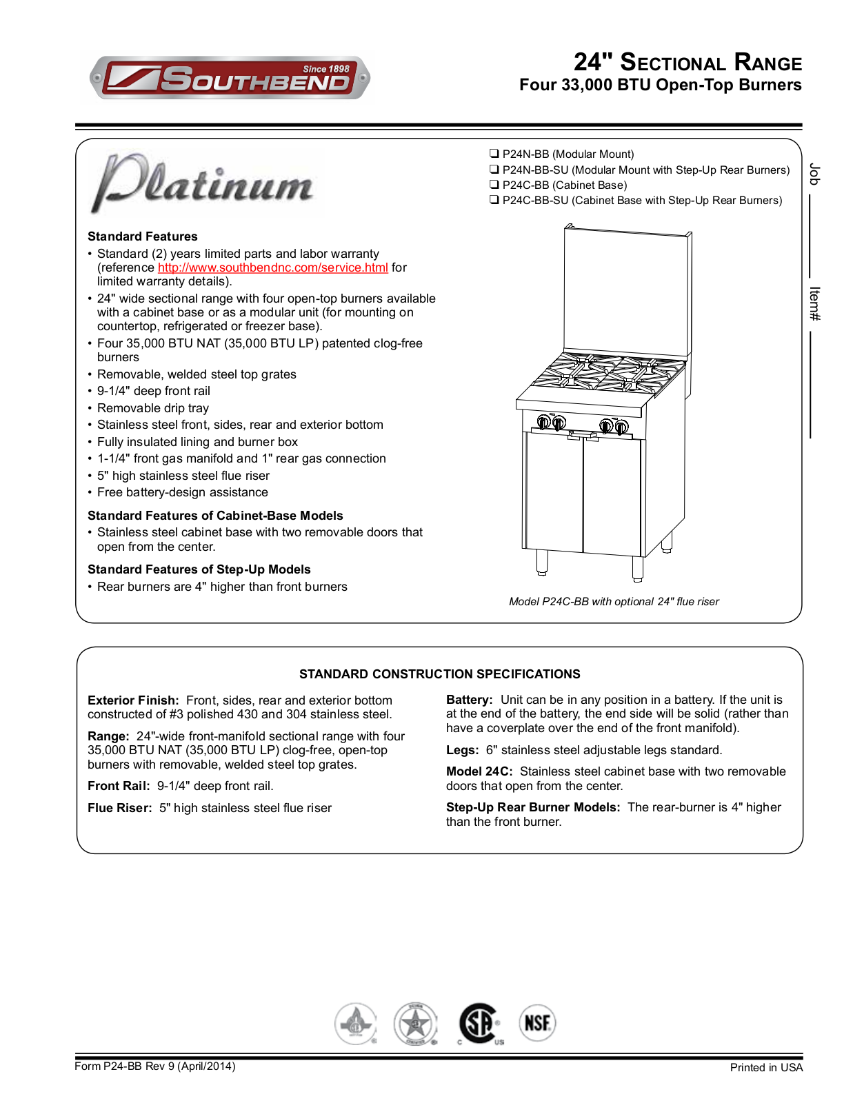 Southbend P24CBBSU, P24CBB Product Sheet