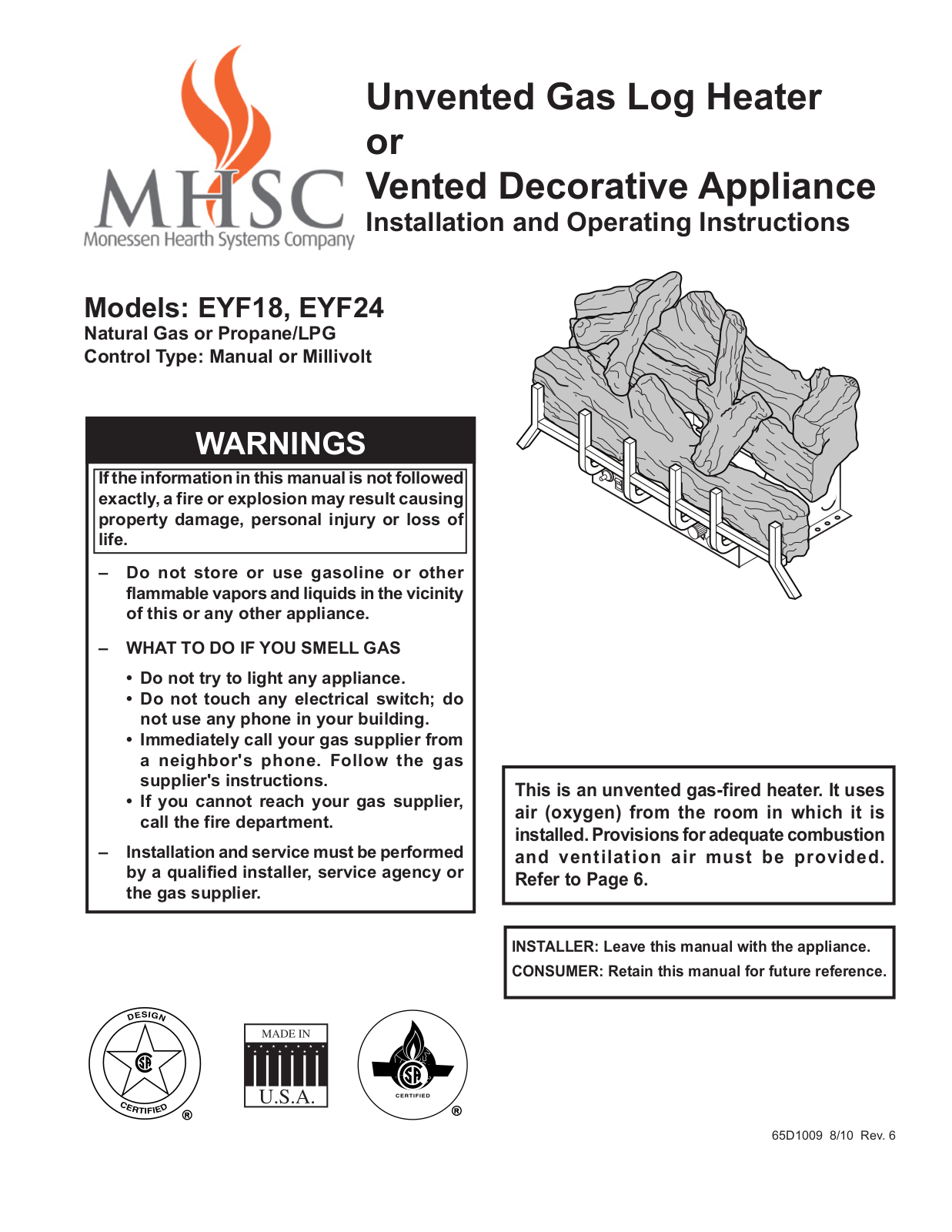 Monessen Hearth Systems EYF18, EYF24 Installation Manual