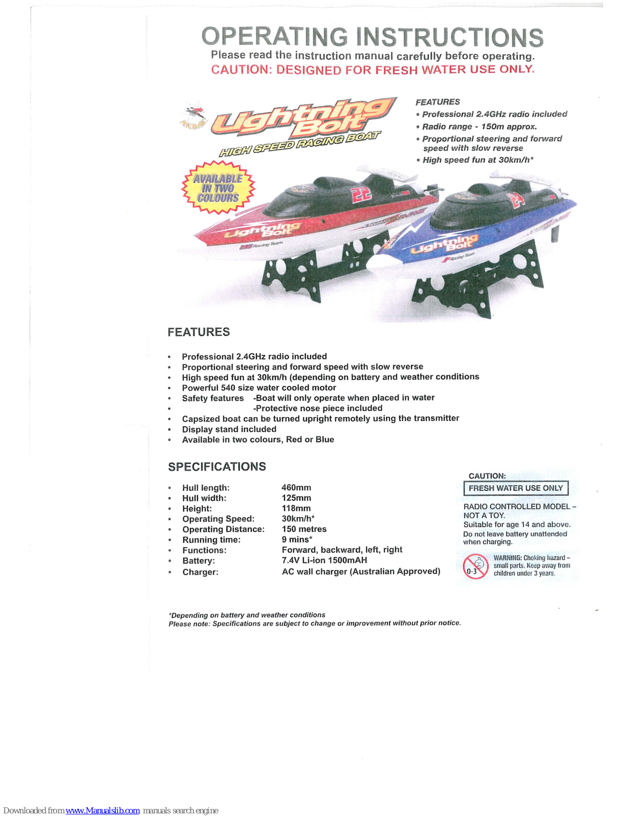 Model Engines Lightning Bolt Operating Instructions Manual