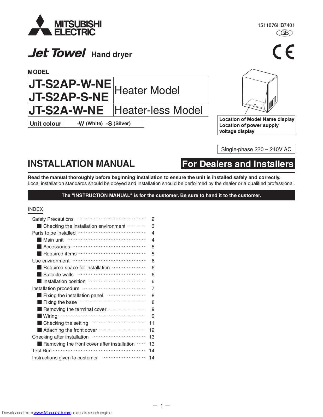 Mitsubishi JT-S2AP-W-NE, JT-S2AP-S-NE, JT-S2A-W-NE Installation Manual