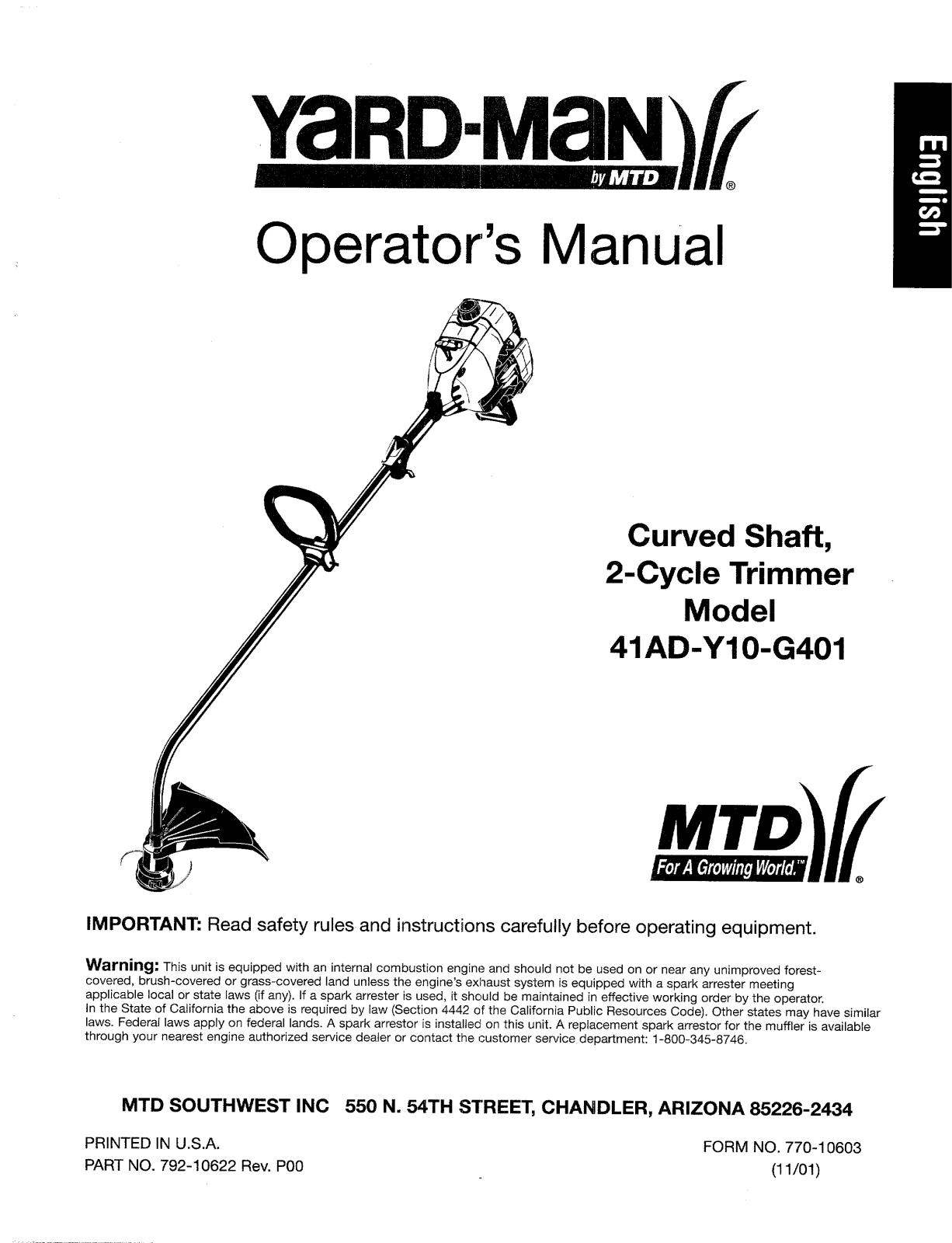 Mtd 41ad-y10-g401 owners Manual