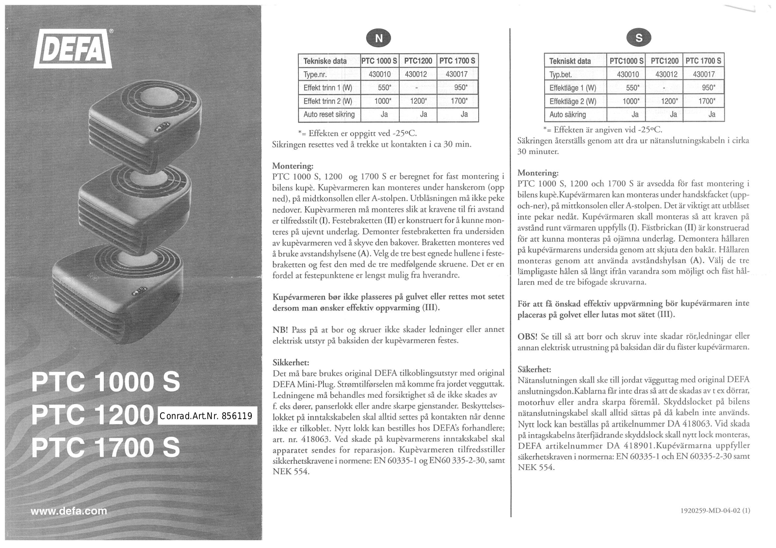 DEFA PTC 1000 S, PTC 1200, PTC 1700 S User manual