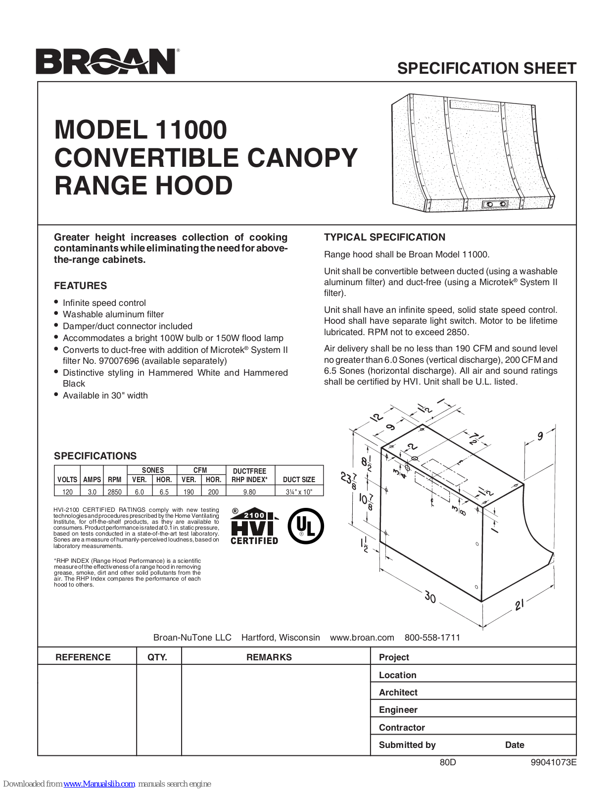 NuTone 113022, 113035, 113036, 113042 Specification Sheet