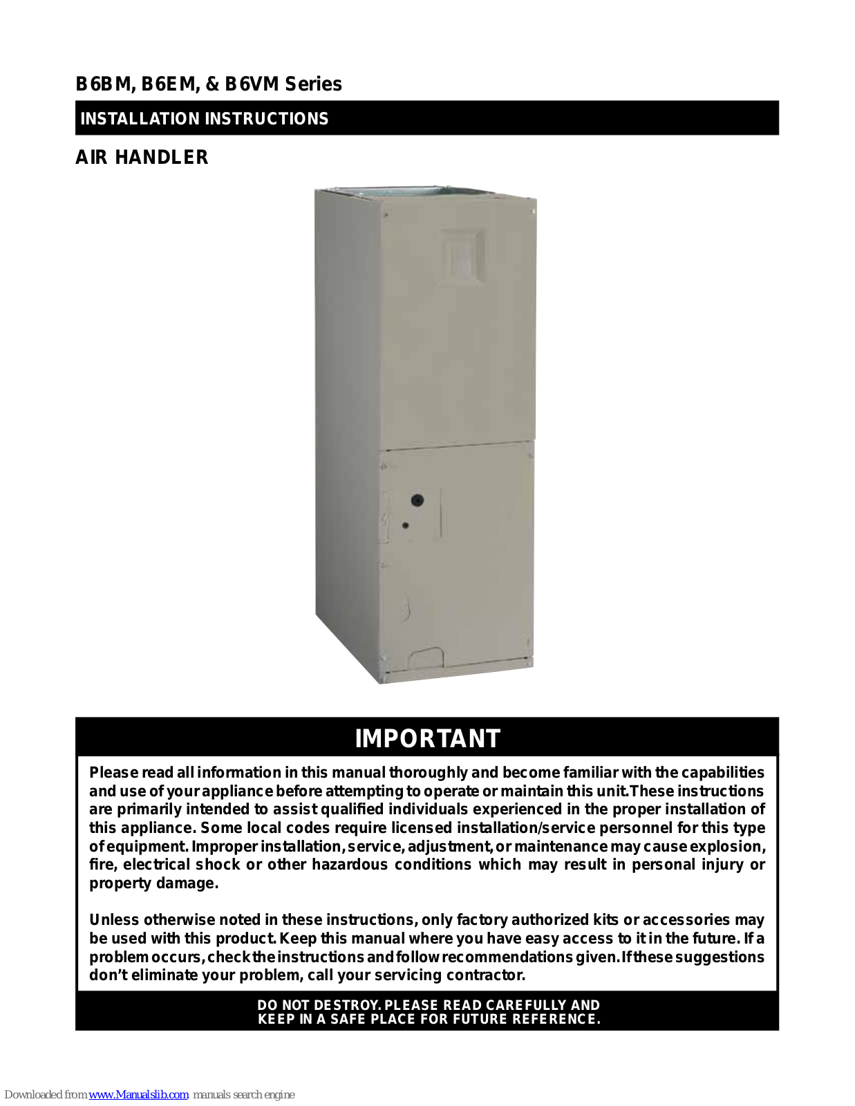 Nordyne B6BM, B6VM, B6EM Installation Instructions Manual