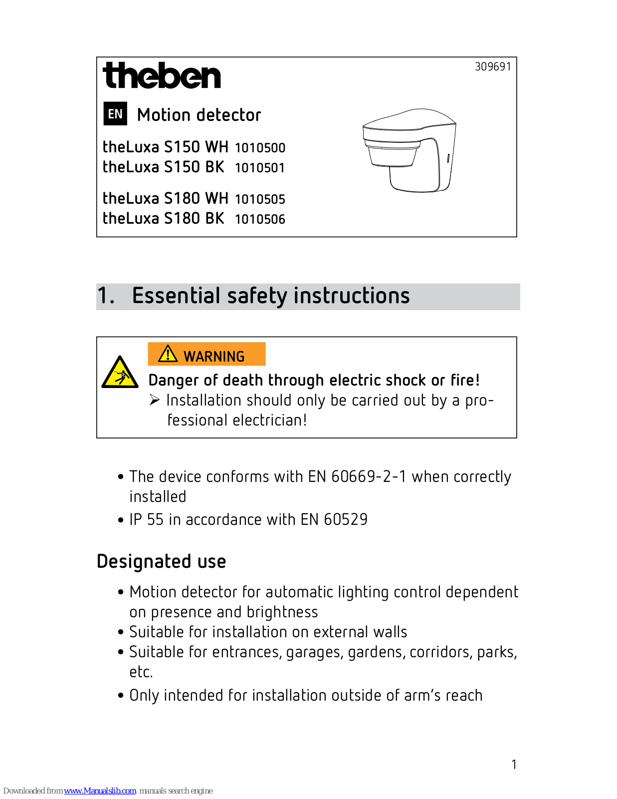 Theben theLuxa S150 WH, theLuxa S180 WH, theLuxa S150 BK, theLuxa S180 BK User Manual