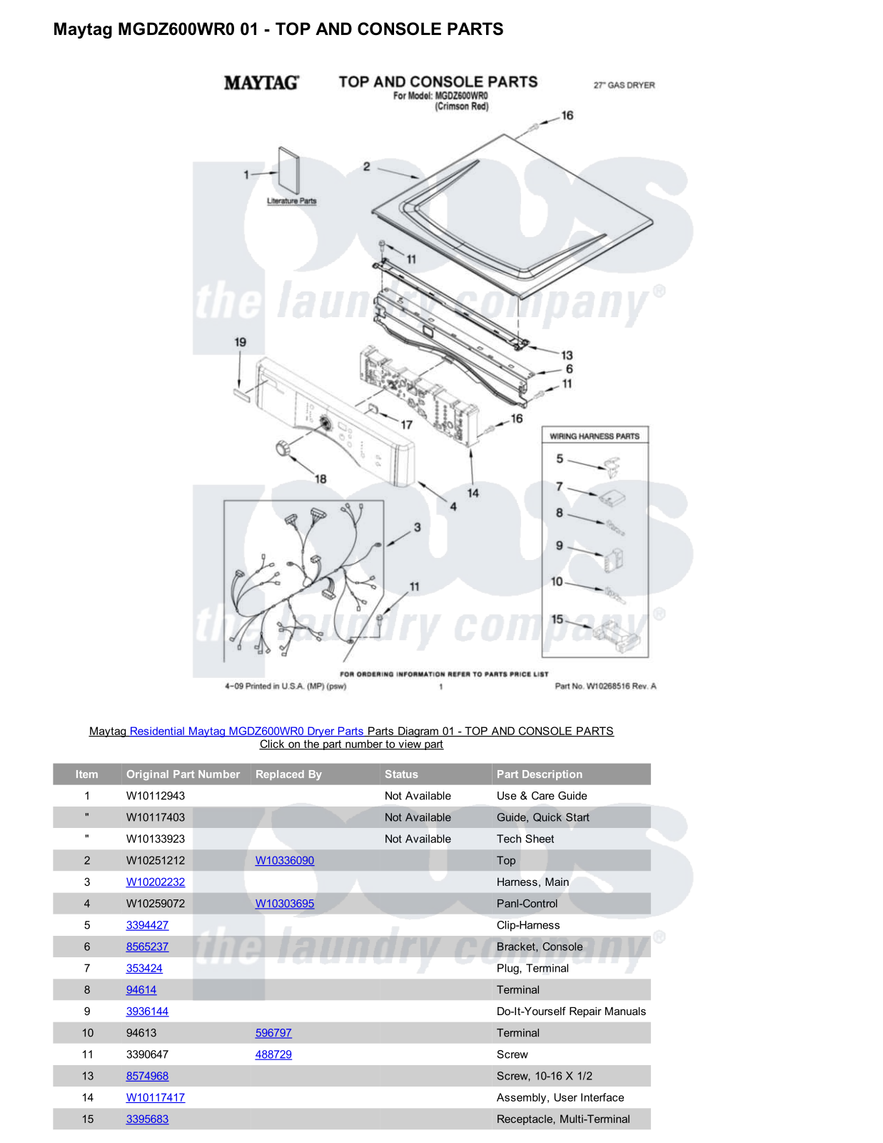 Maytag MGDZ600WR0 Parts Diagram