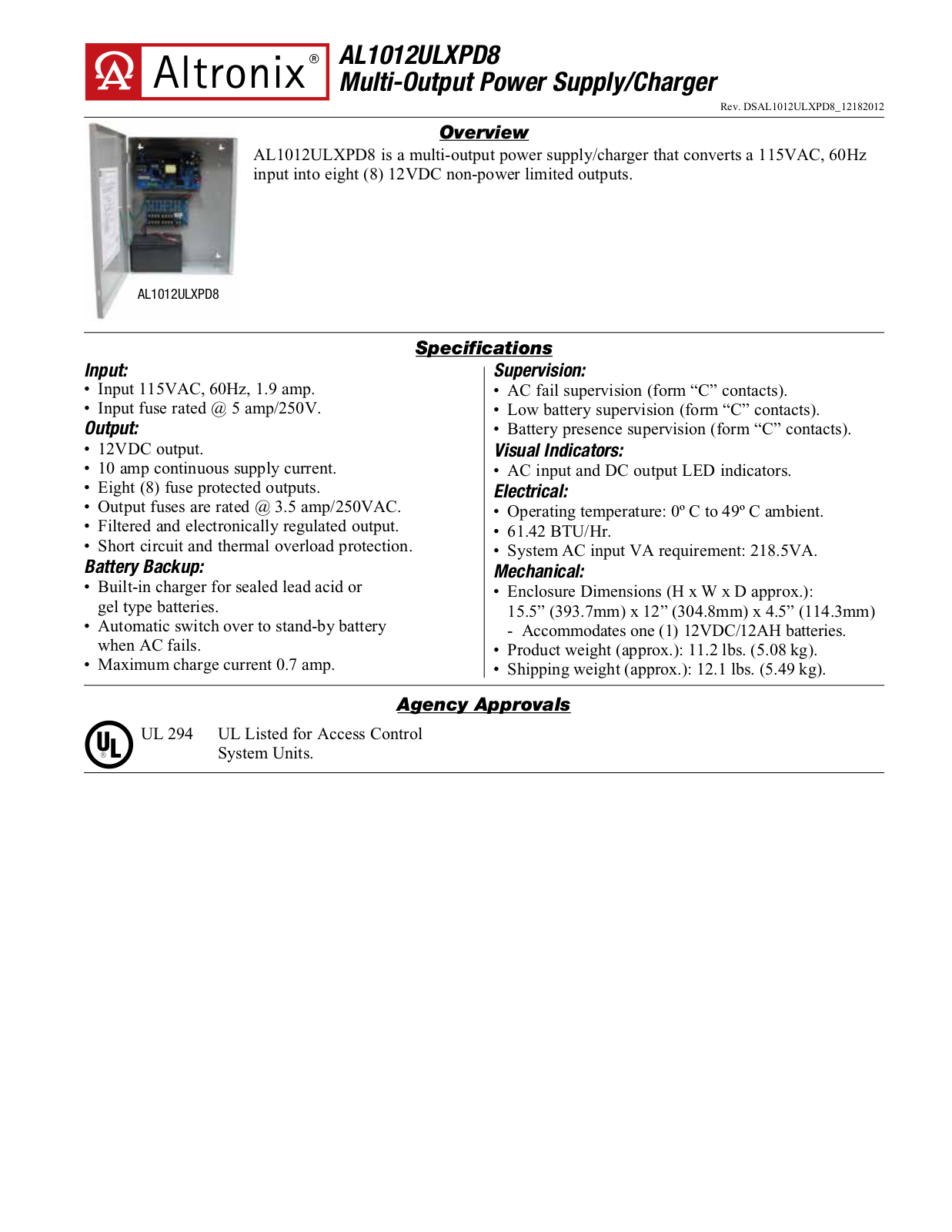 Altronix AL1012ULXPD8 Specsheet