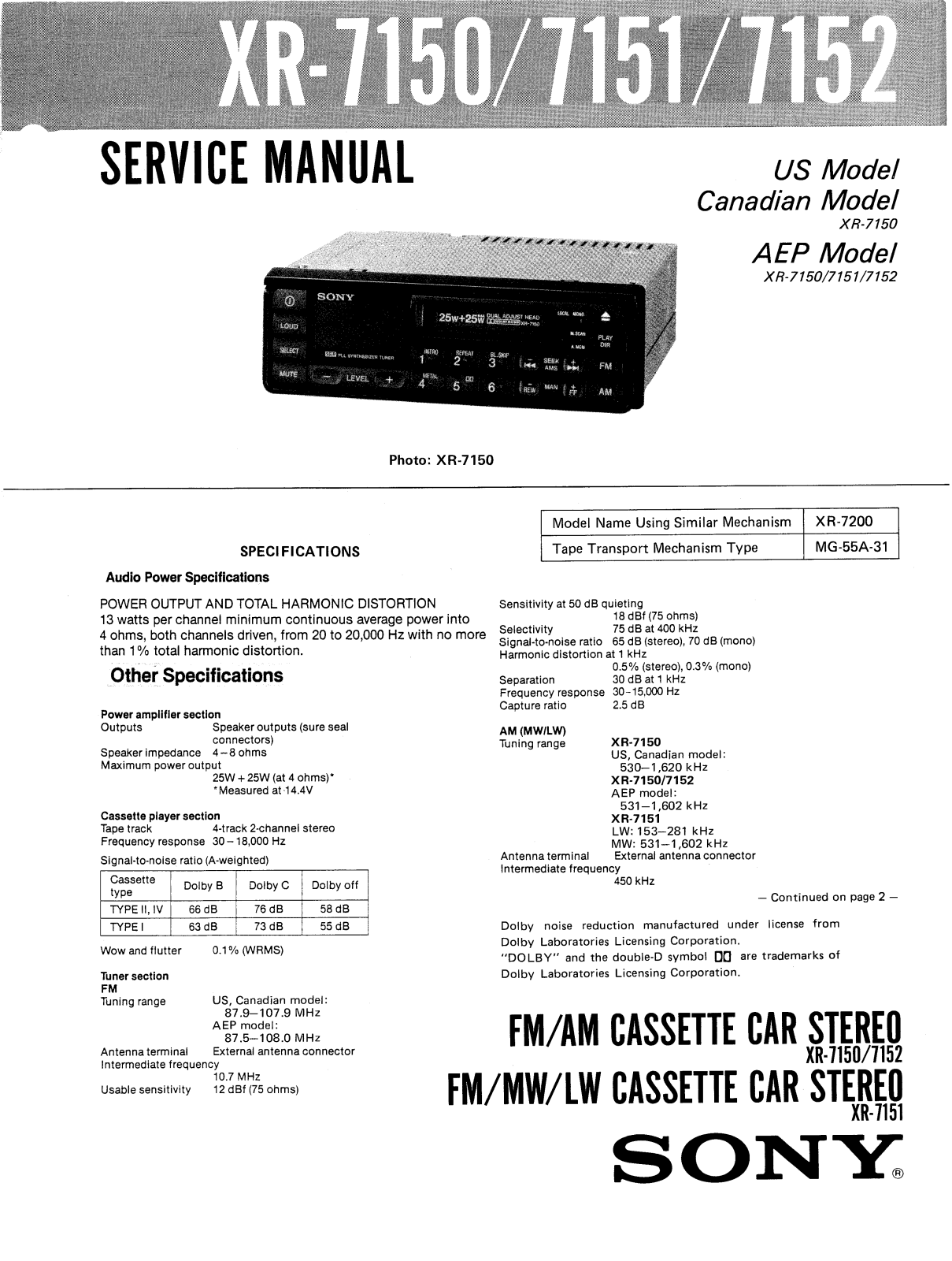 SONY XR-7150, XR-7151, XR-7152 Service Manual