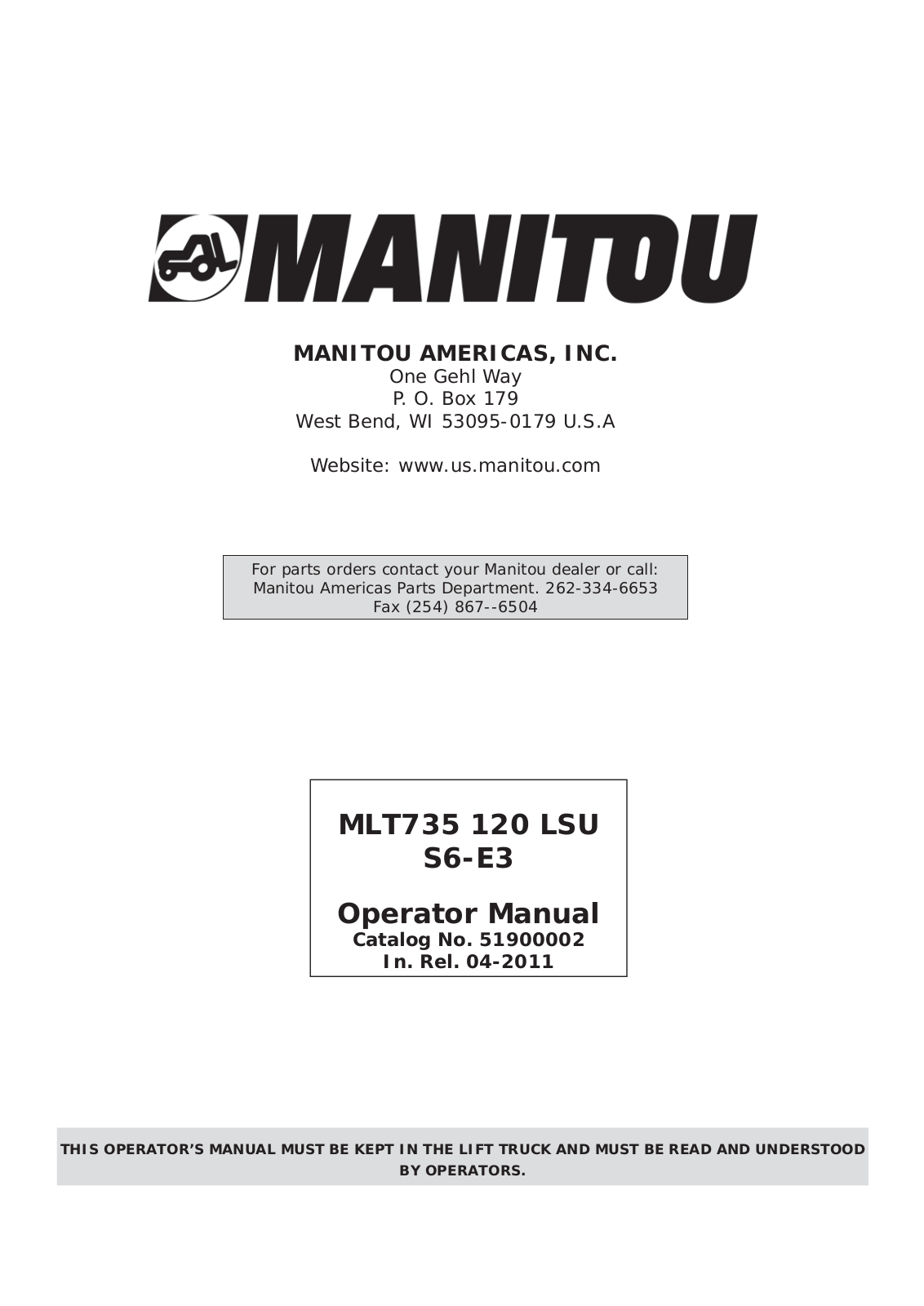 Manitou MLT735 Operator's Manual