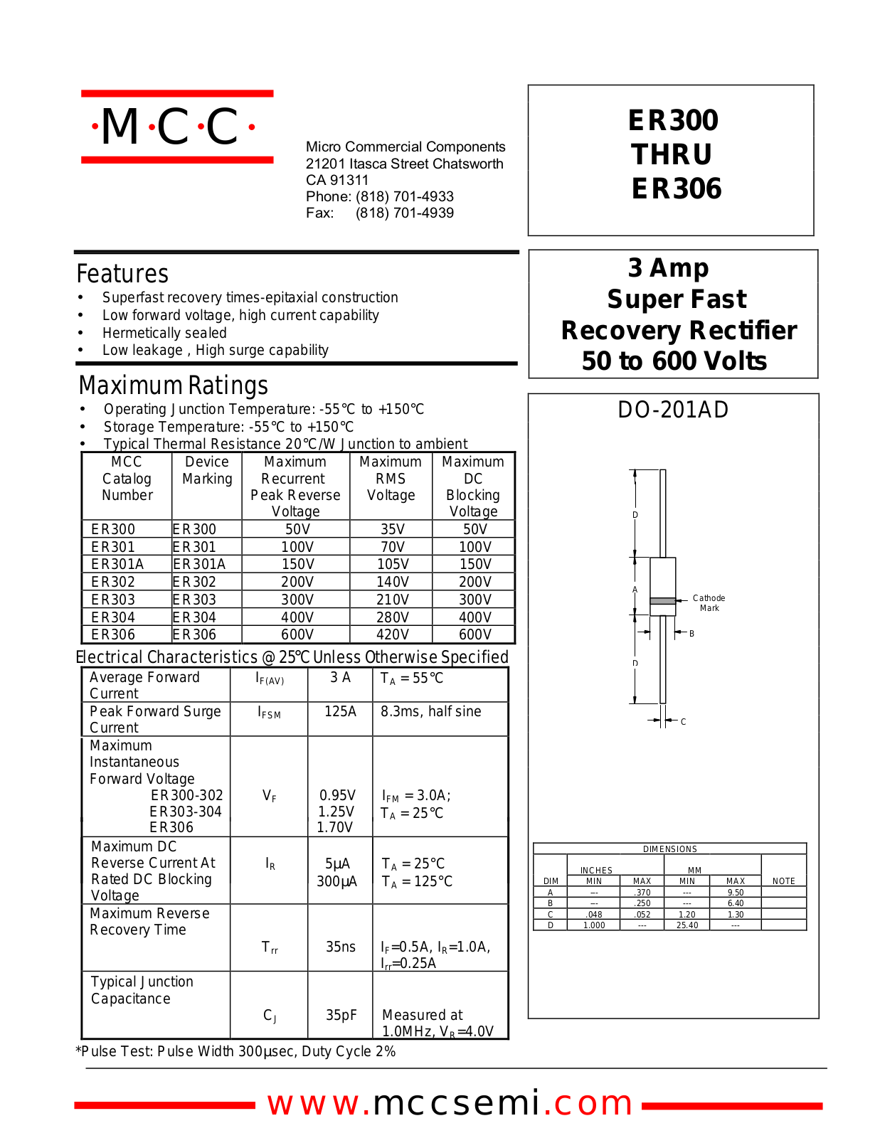 MCC ER302, ER301A, ER301, ER306, ER304 Datasheet