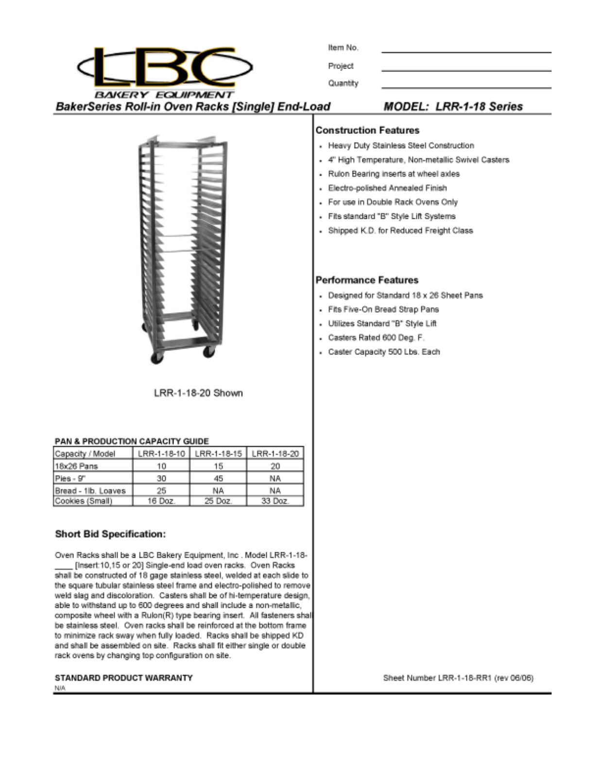 LBC Bakery Equipment LRR-1-18-15 User Manual