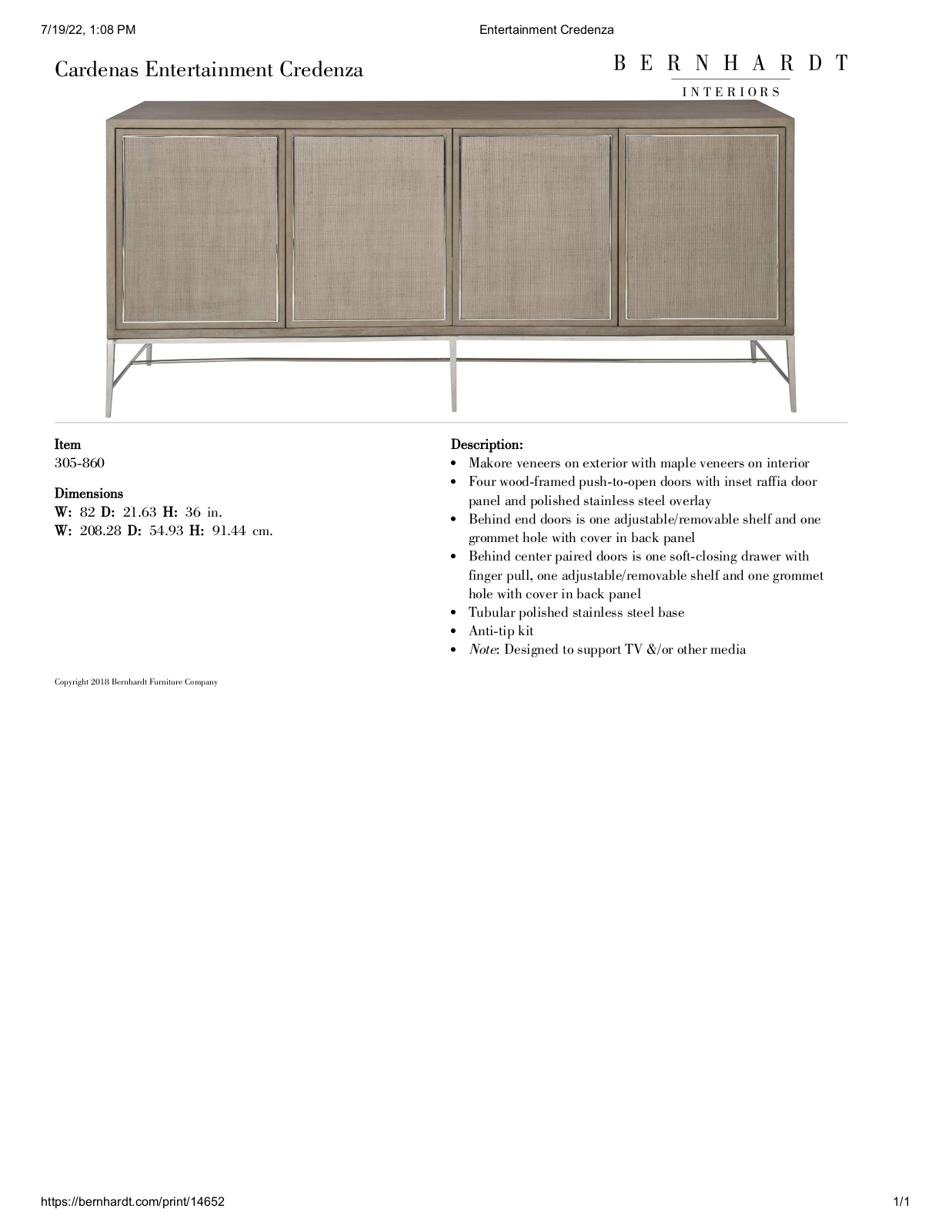 Bernhardt BHT12874 Specifications - ManualMachine.com