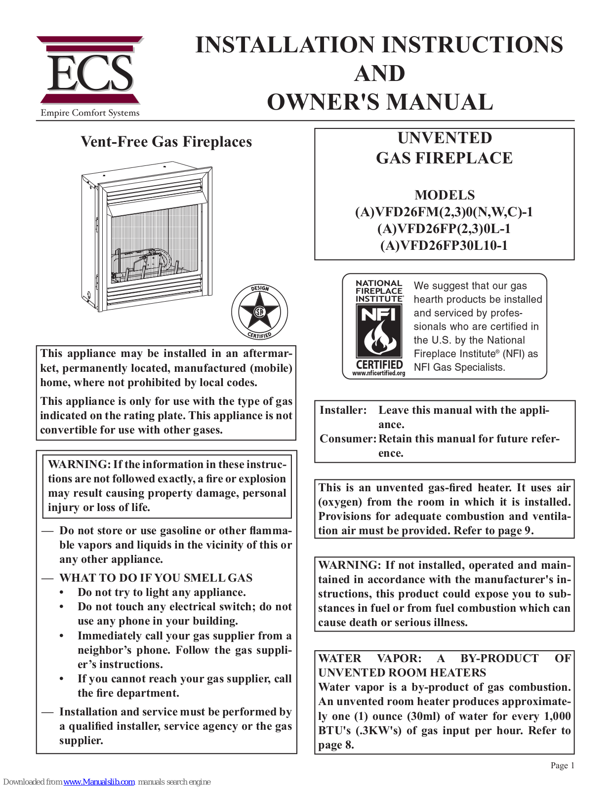 Empire Comfort Systems VFD26FP20L-1, VFD26FP30L-1, AVFD26FP30L10-1, AVFD26FP30L-1, VFD26FM0-1 Owner's Manual