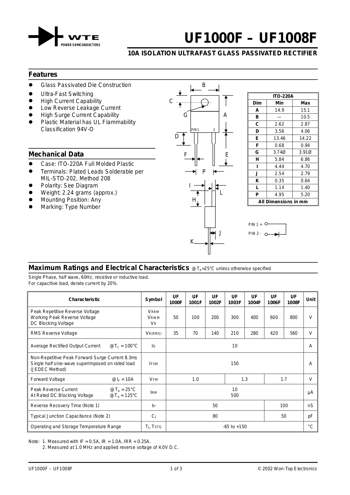 WTE UF1008F, UF1002F, UF1003F, UF1001F, UF1000F Datasheet