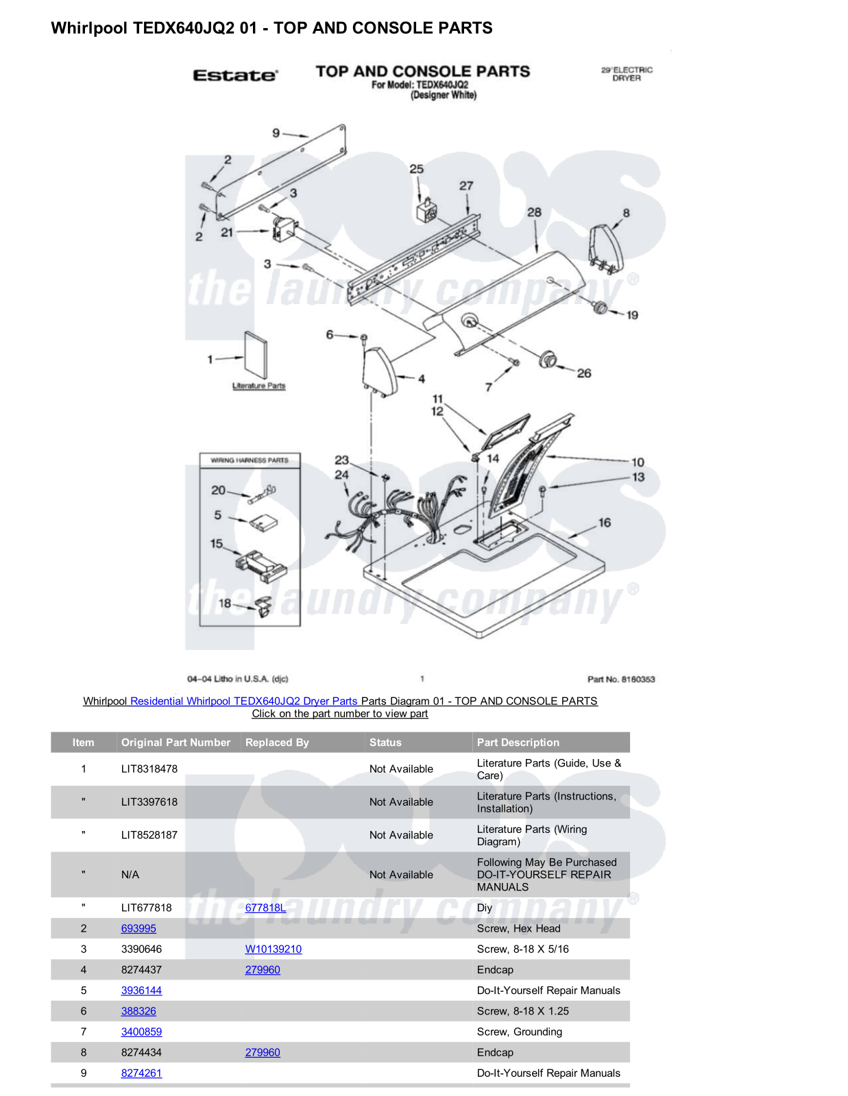 Whirlpool TEDX640JQ2 Parts Diagram