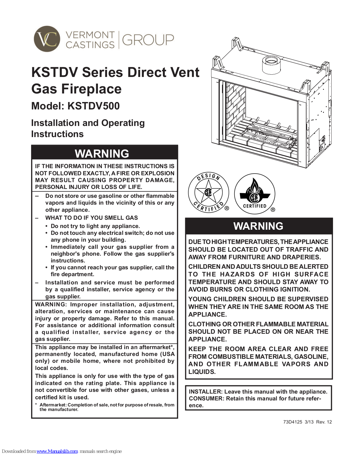 Vermont Castings KSTDV500 Installation And Operating Instructions Manual