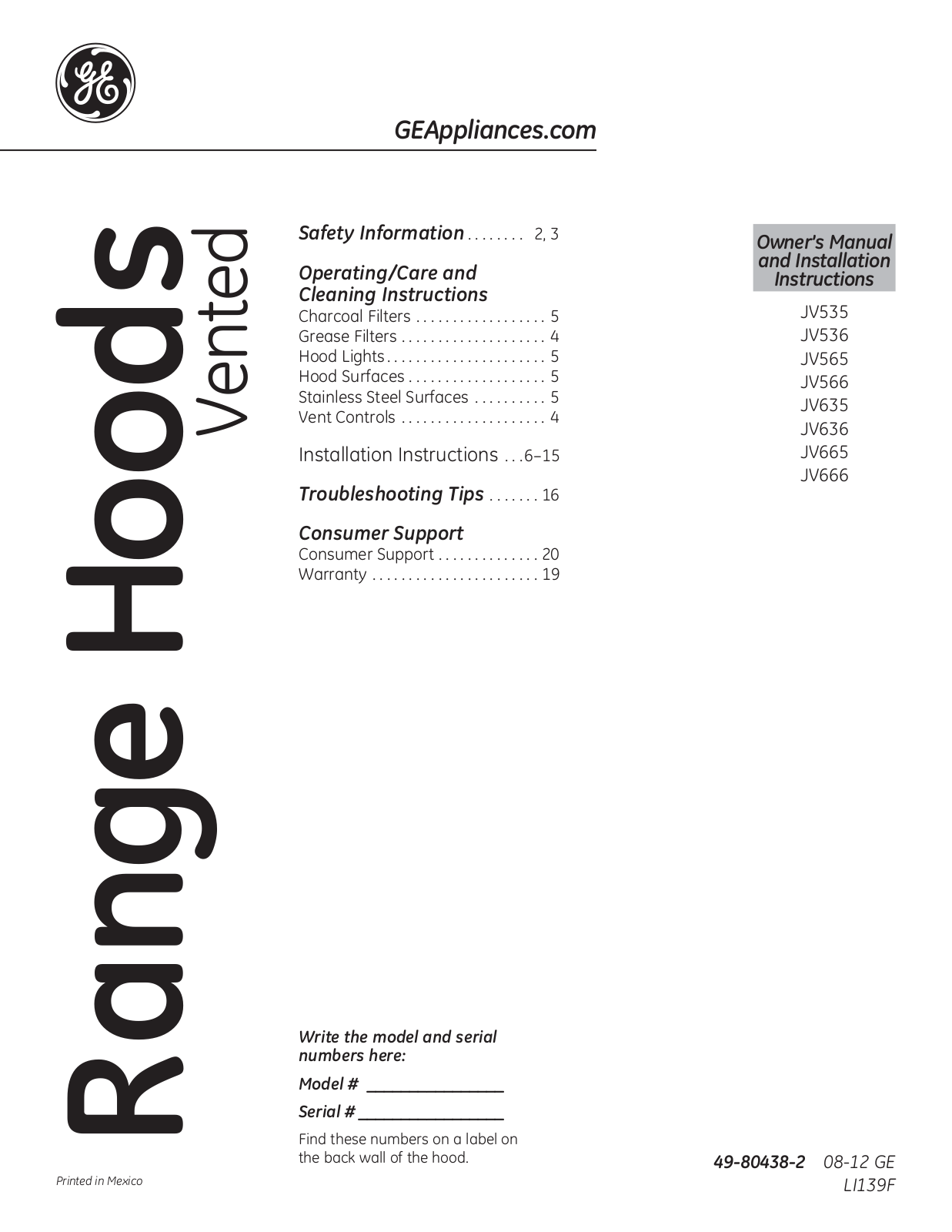 GE JV535HBB, JV565HWW, JV565HBB, JV536HSS, JV535HCC Use & Care Guide