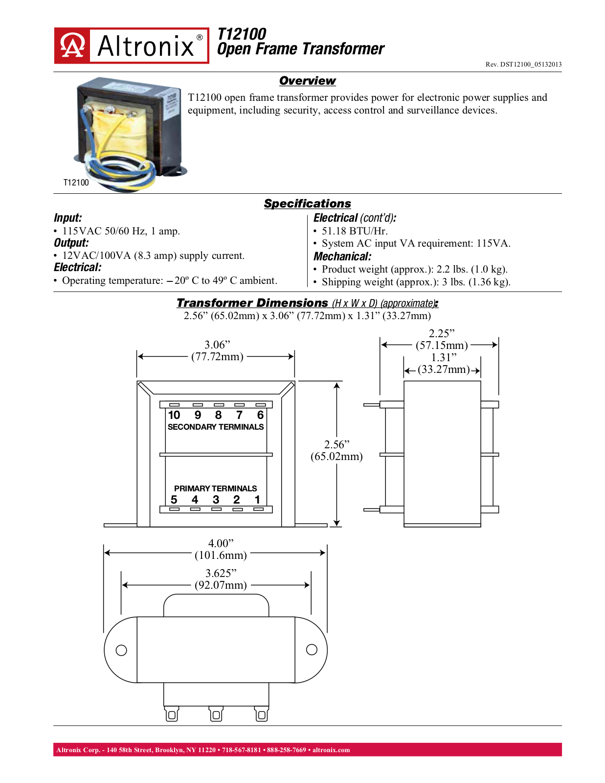 Altronix T12100 Data Sheet