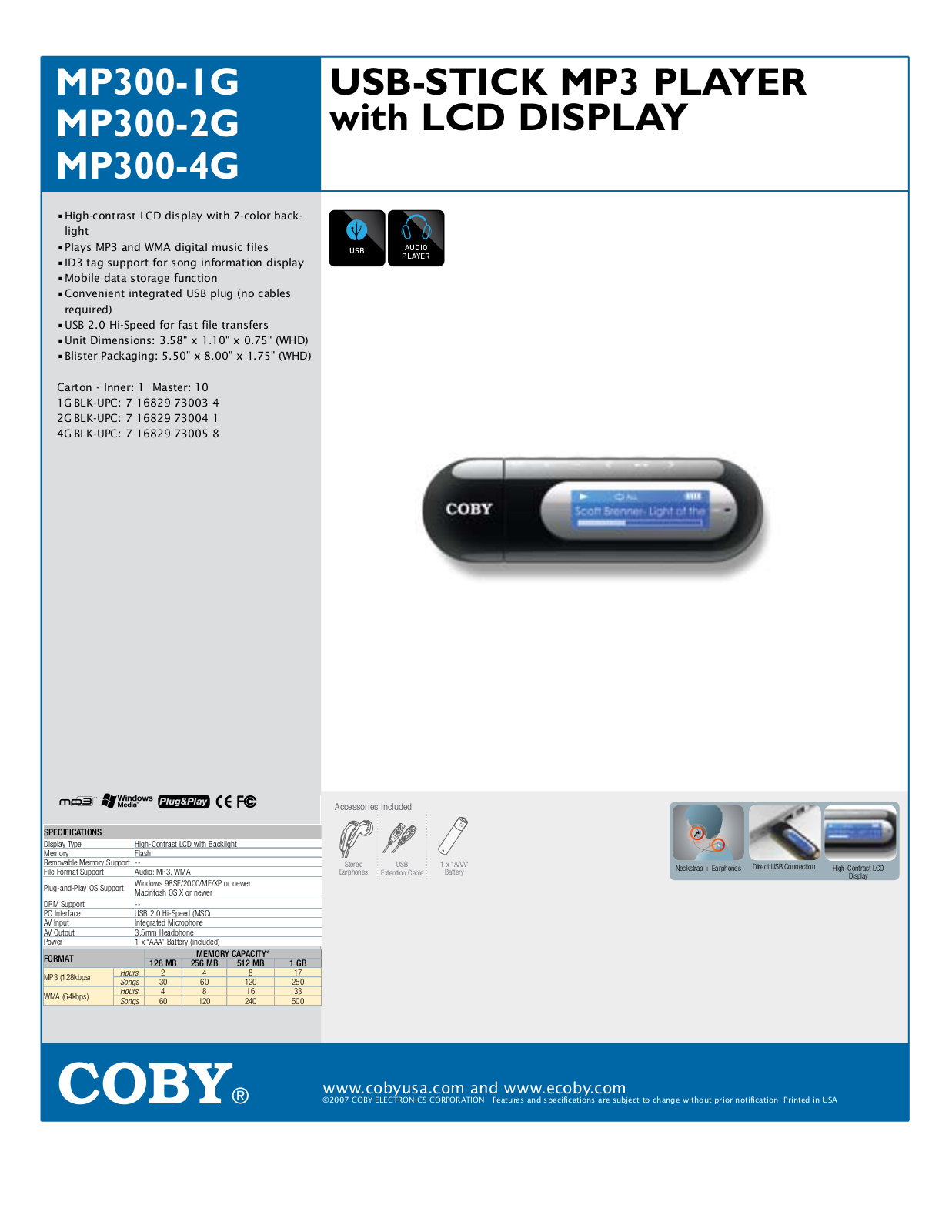 COBY electronic MP300-4G, MP300-2G, MP300-1G User Manual