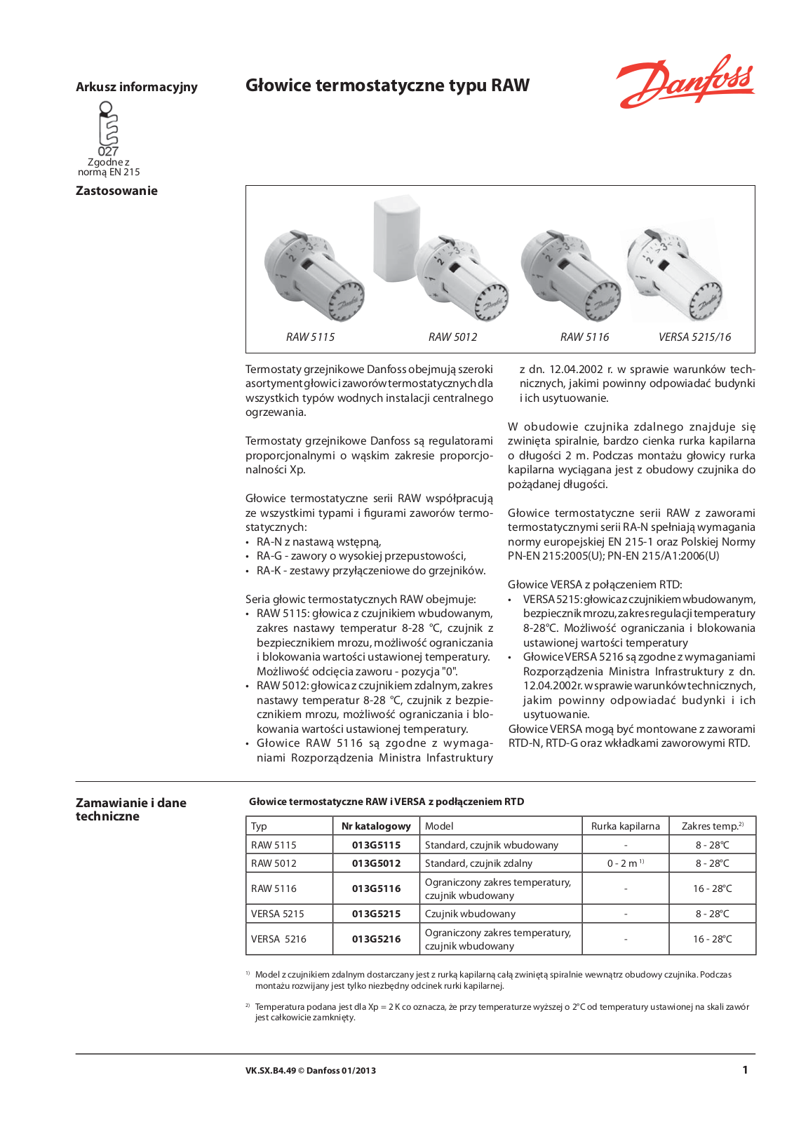 Danfoss RAW 5115, RAW 5012, RAW 5116, VERSA 5215, VERSA 5216 Data sheet