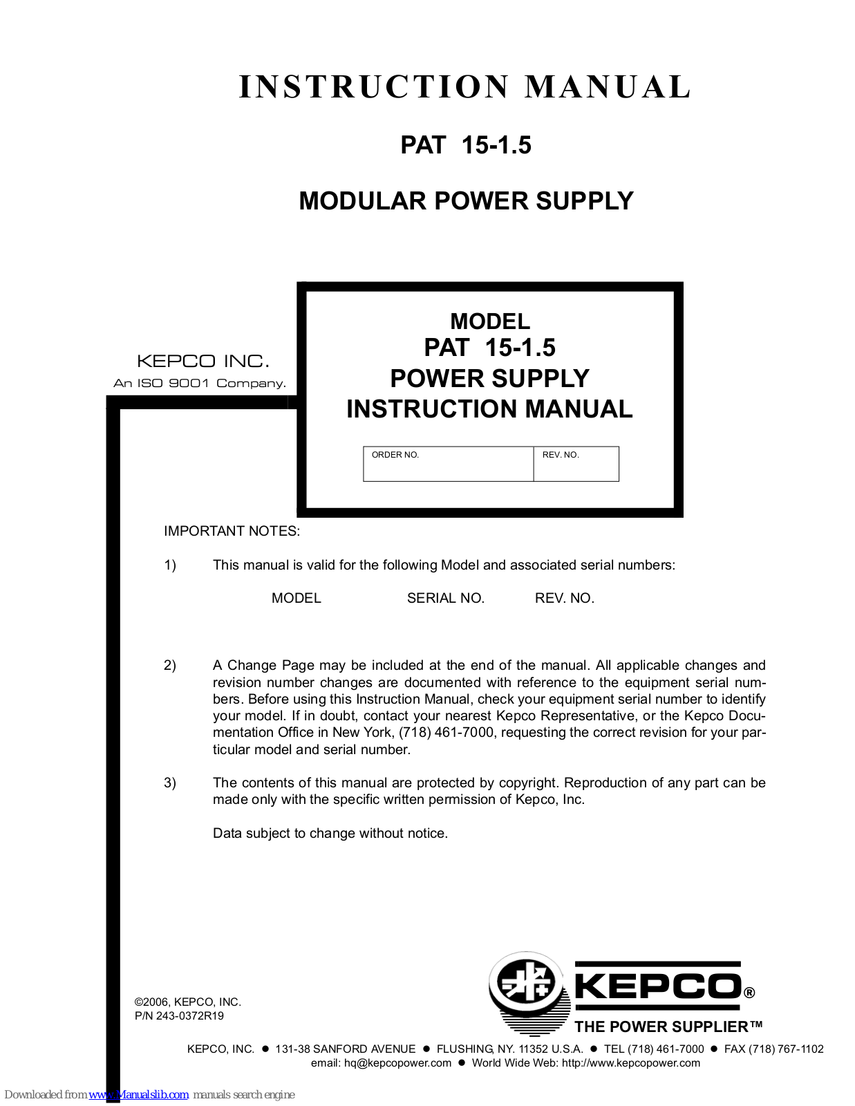 KEPCO PAT 15-1, 5 Instruction Manual
