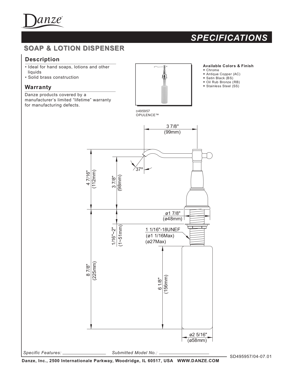 Danze D495957 Specs