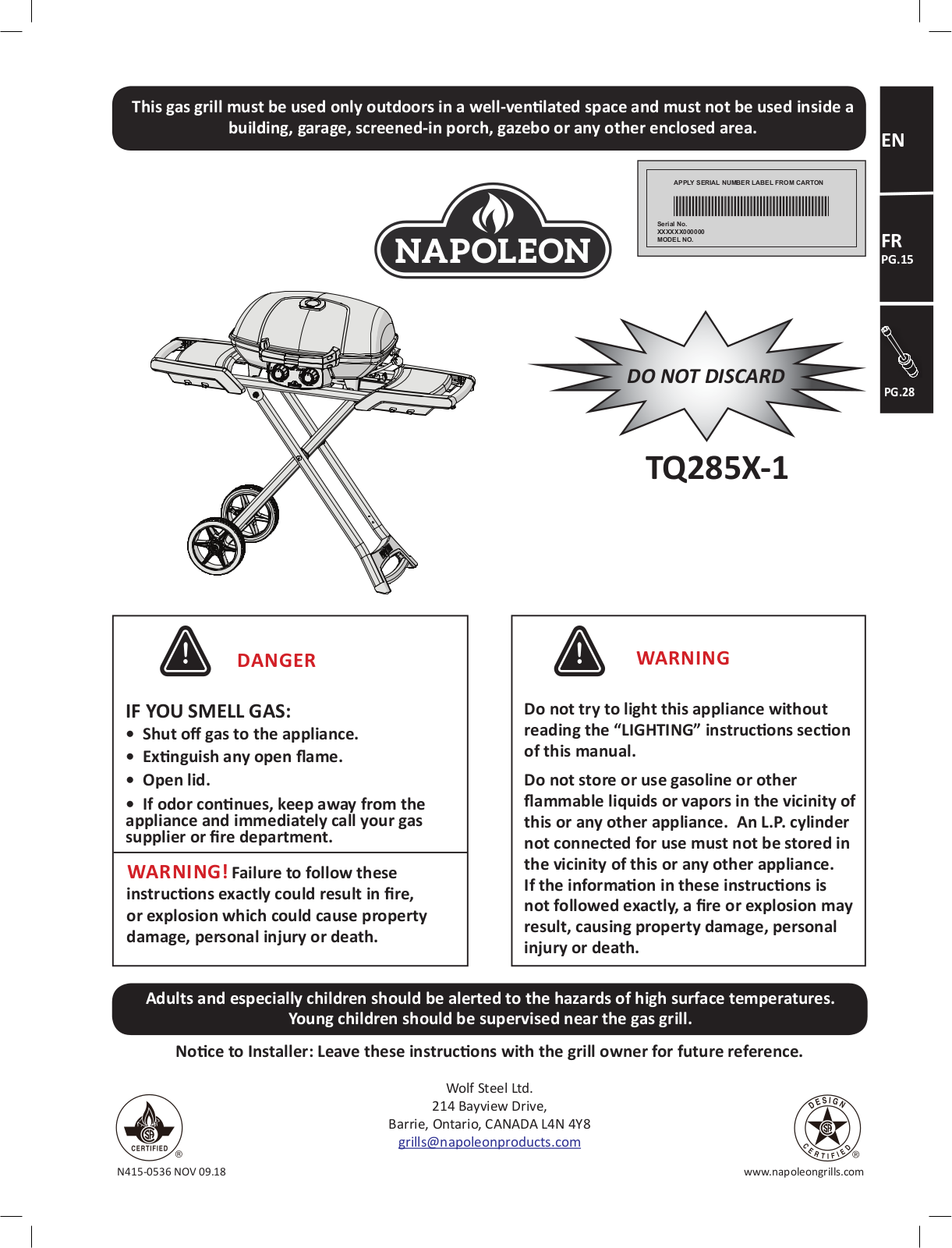 Napoleon TQ285XBL1 User Manual