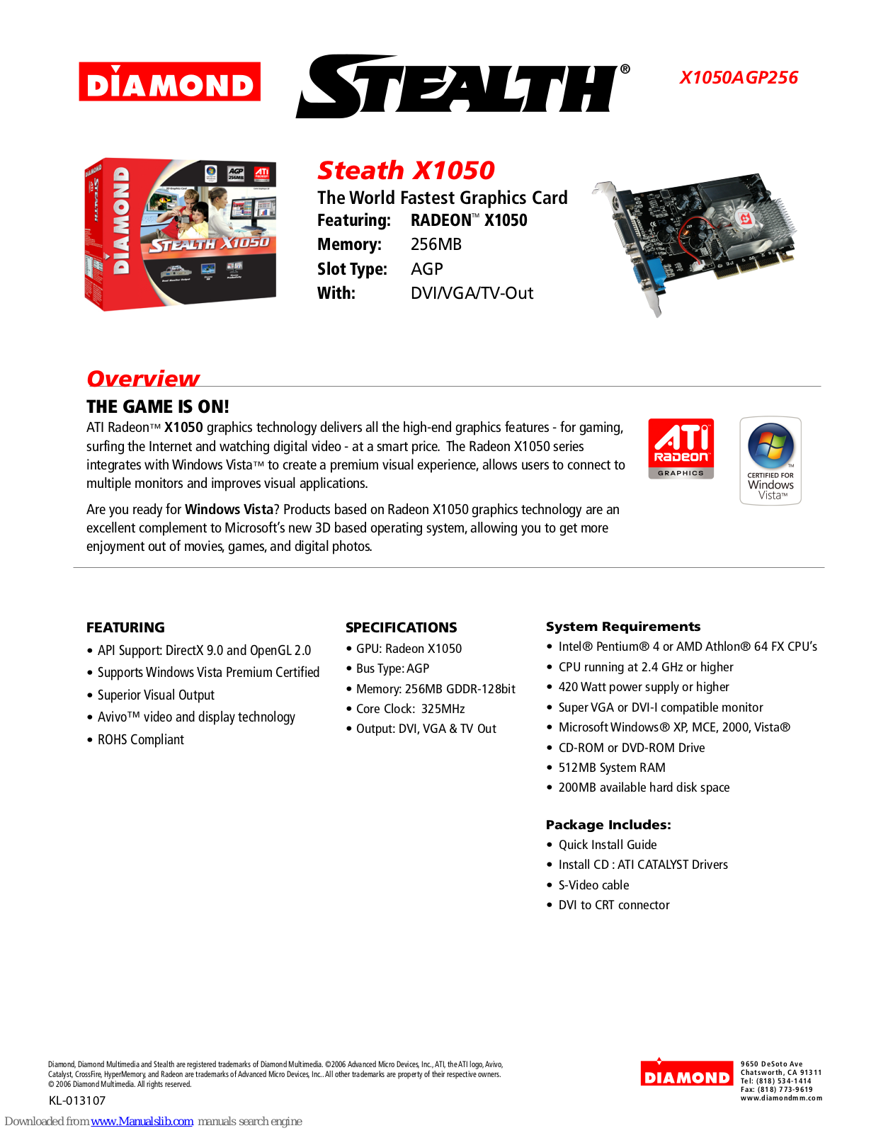 Diamond Multimedia Radeon X1050AGP256, Steath X1050, Steath X1050AGP256 Specification Sheet