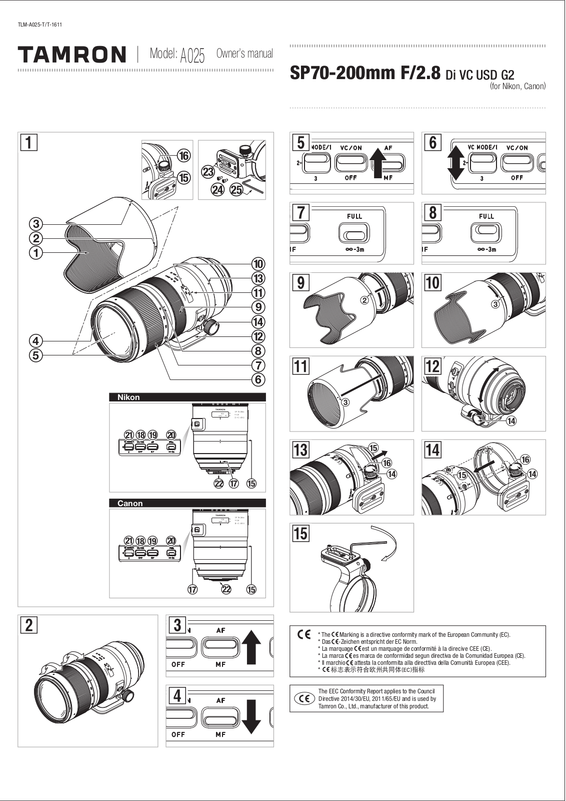 Tamron SP 70-200mm f/2.8 Di VC USD G2 Canon, SP 70-200mm f/2.8 Di VC USD G2 Nikon User manual