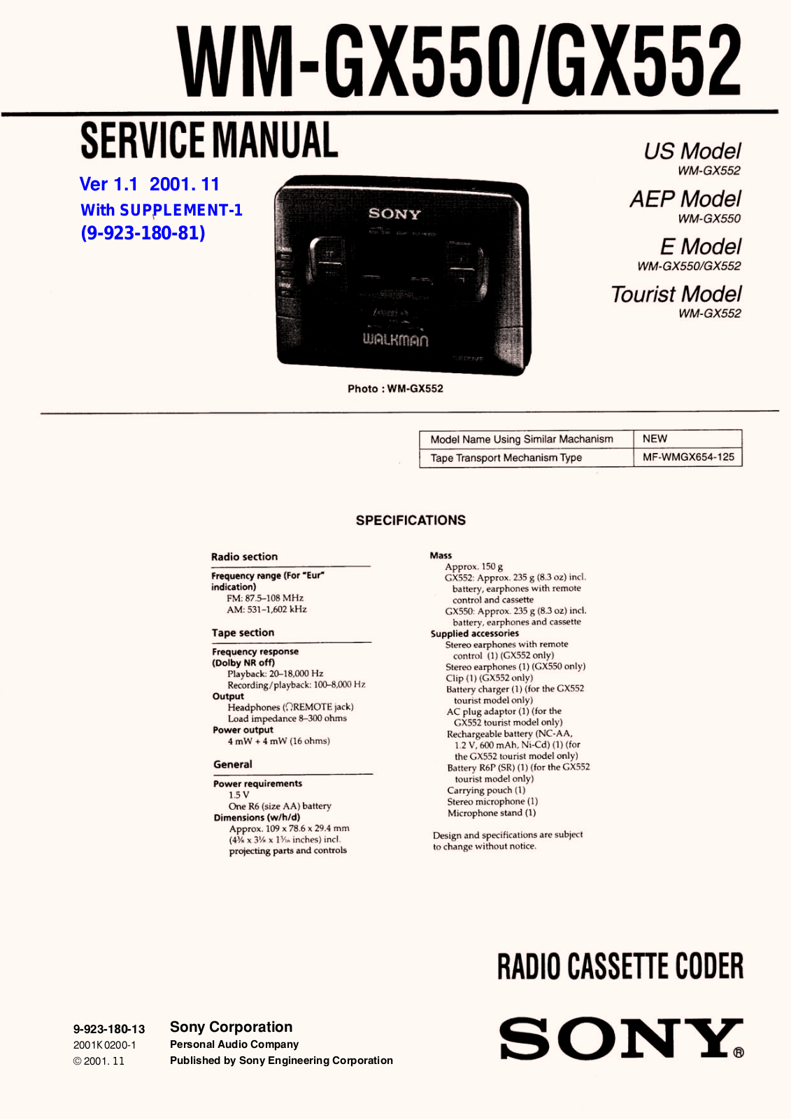 Sony WMGX-550 Service manual