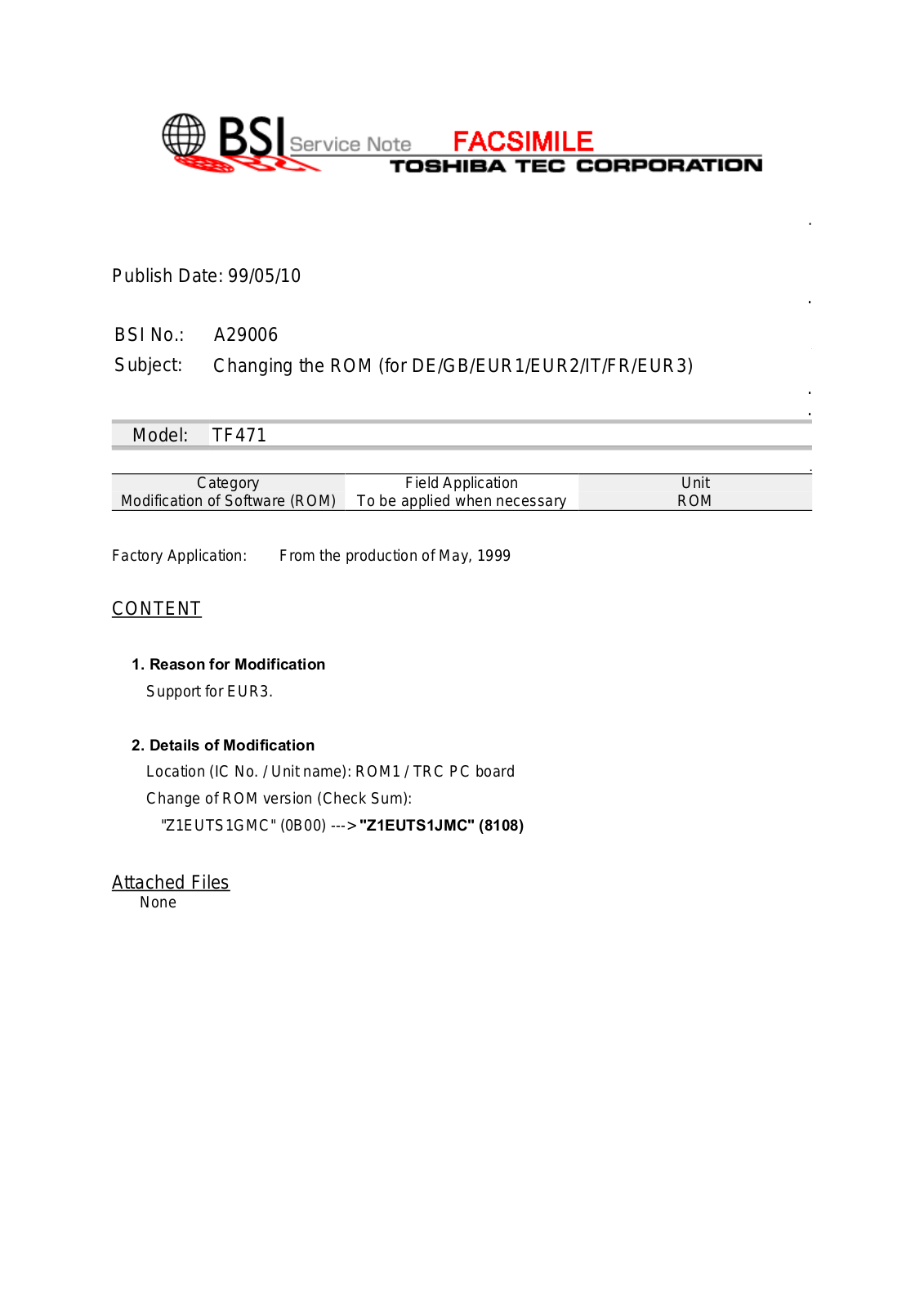 Toshiba A29006 Service Note