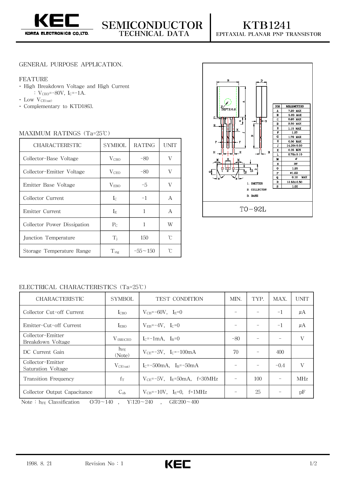 KEC KTB1241 Datasheet