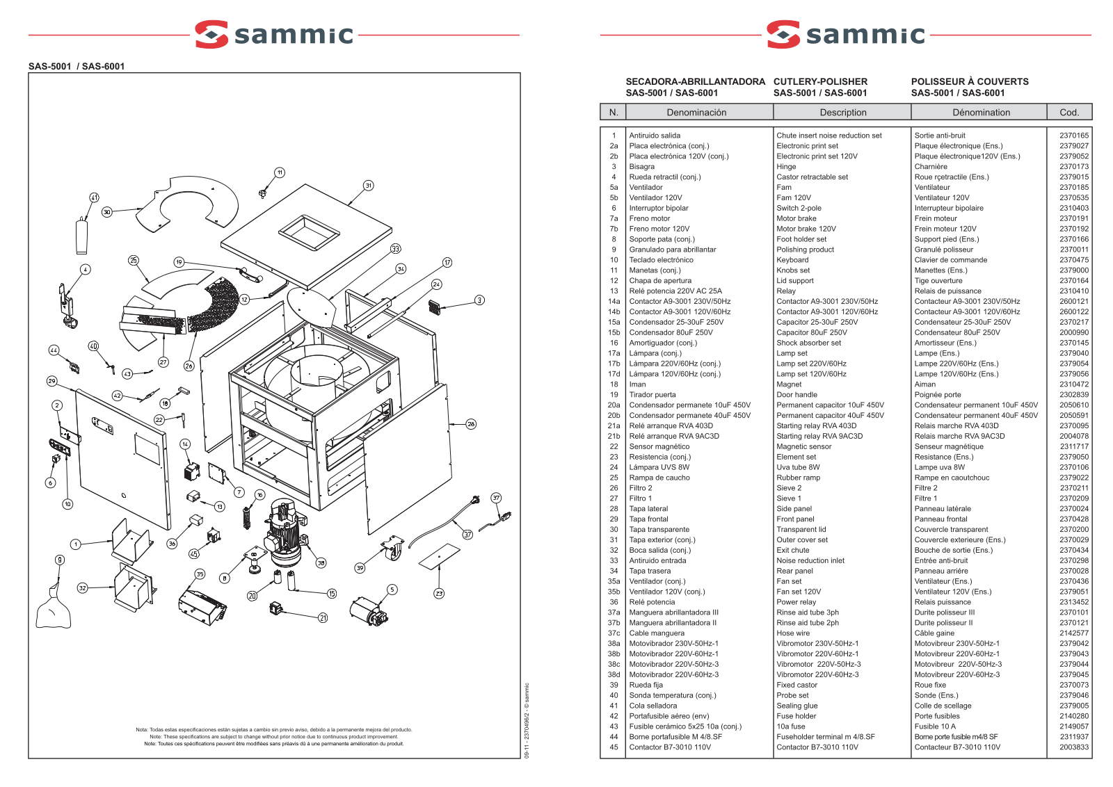 Sammic SAS-5001 Parts List