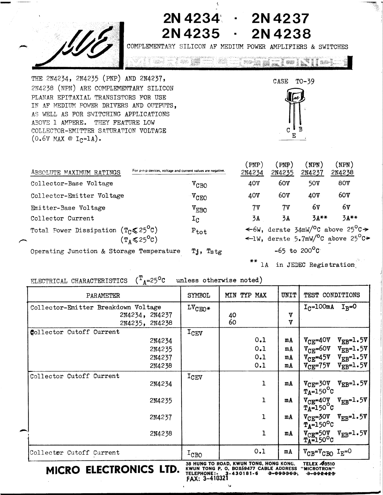 ME 2N4238, 2N4237, 2N4235, 2N4234 Datasheet