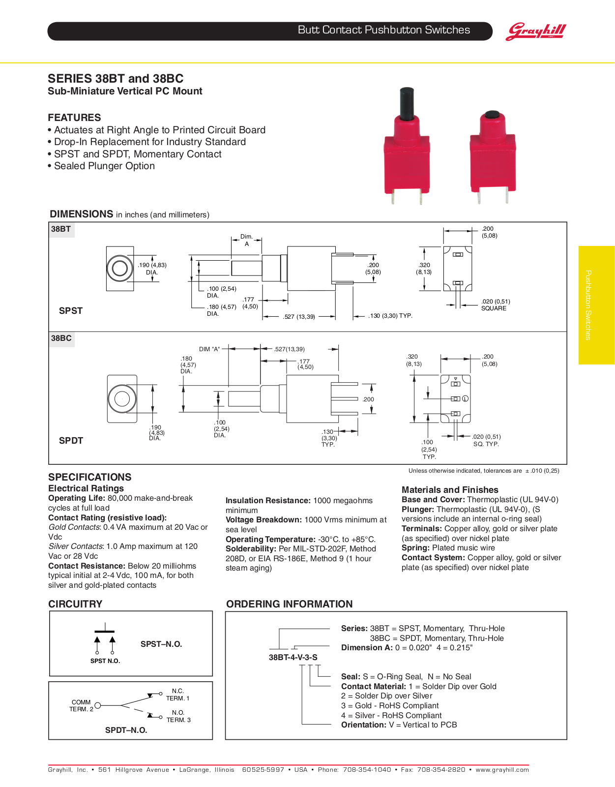 Grayhill Pushbutton switches Butt Contact 38BC User Manual