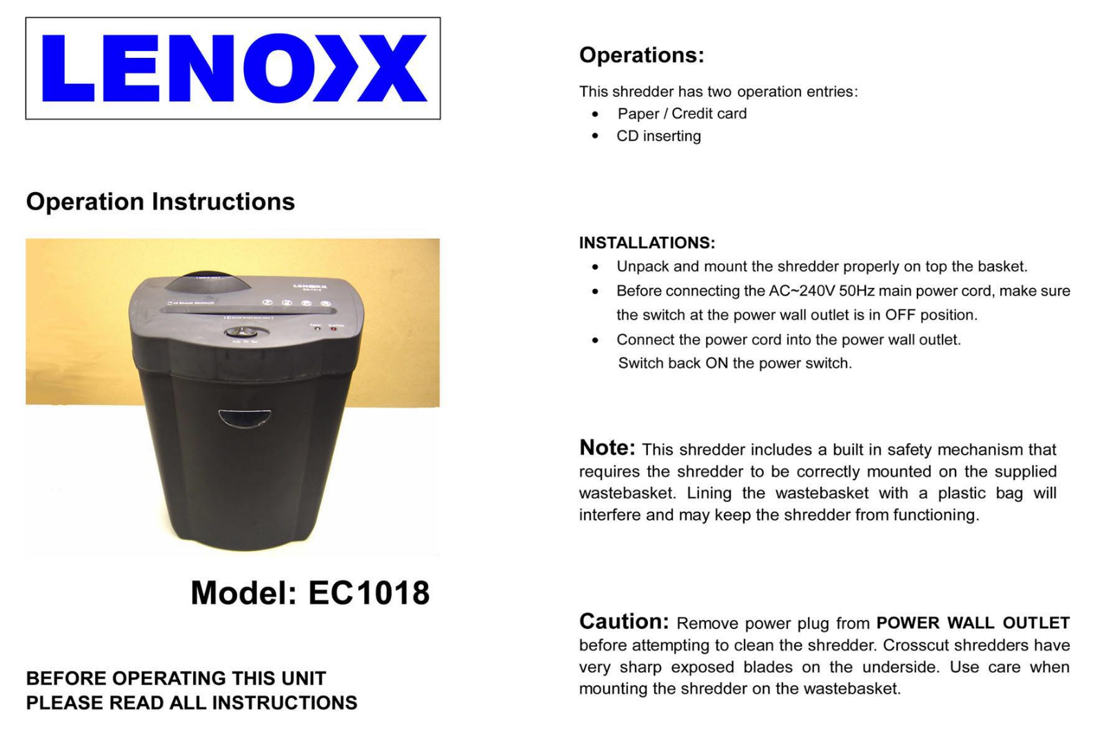 Lenox EC1018, EC1018 User Manual