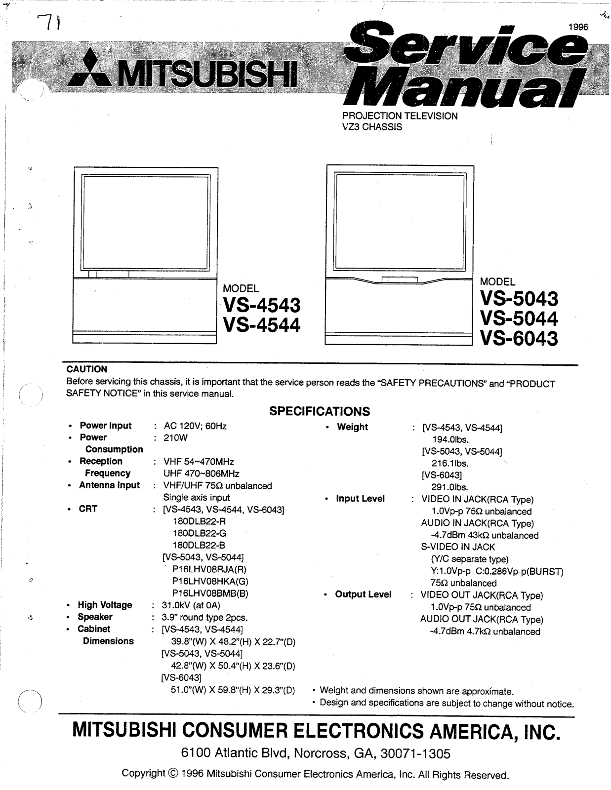 mitsubishi VS4543, VS4544, VS5043, VS5044, VS6043 Service Manual
