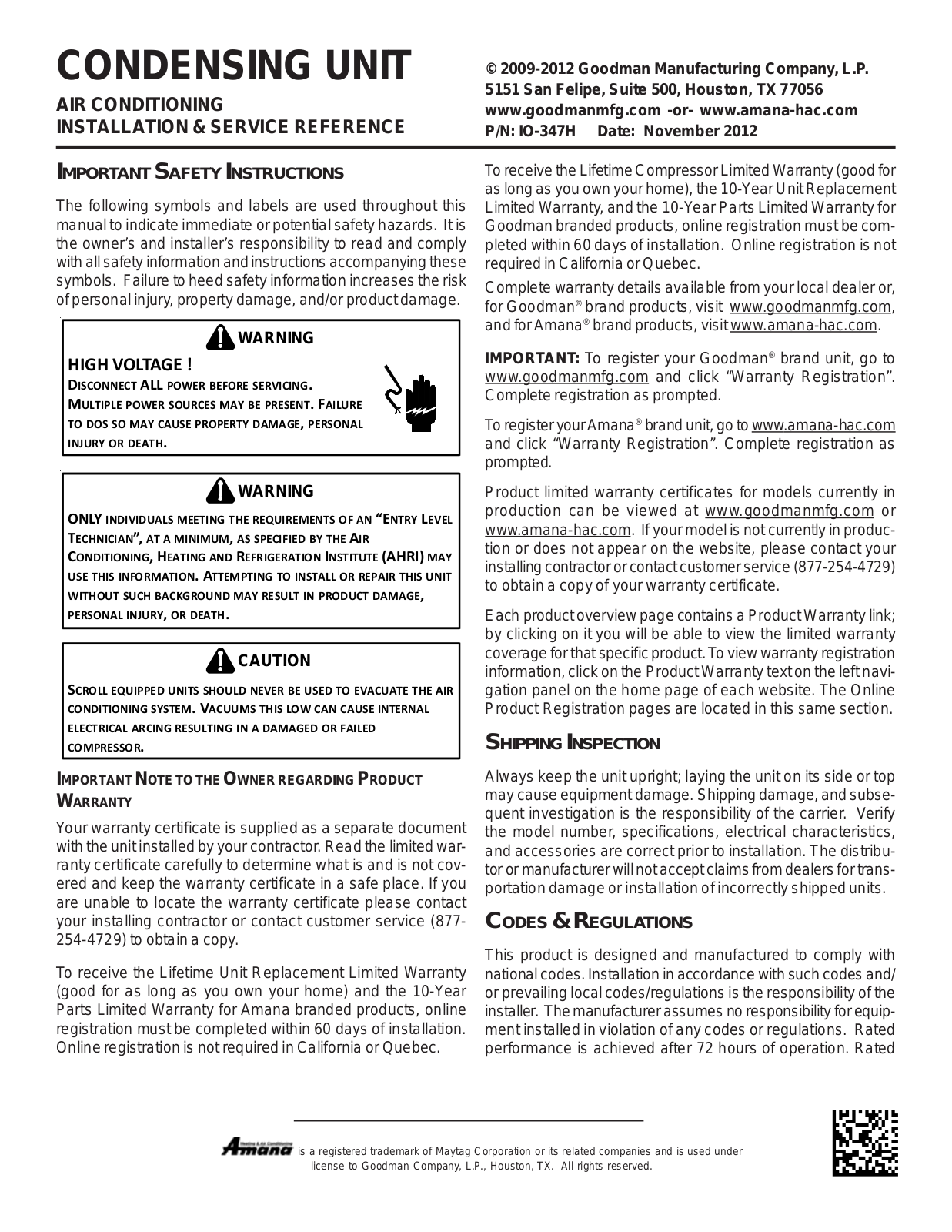 Goodman DSXC160241AA, DSXC160241AB, DSXC160241AC, DSXC160361AA, DSXC160361AB Installation Manual