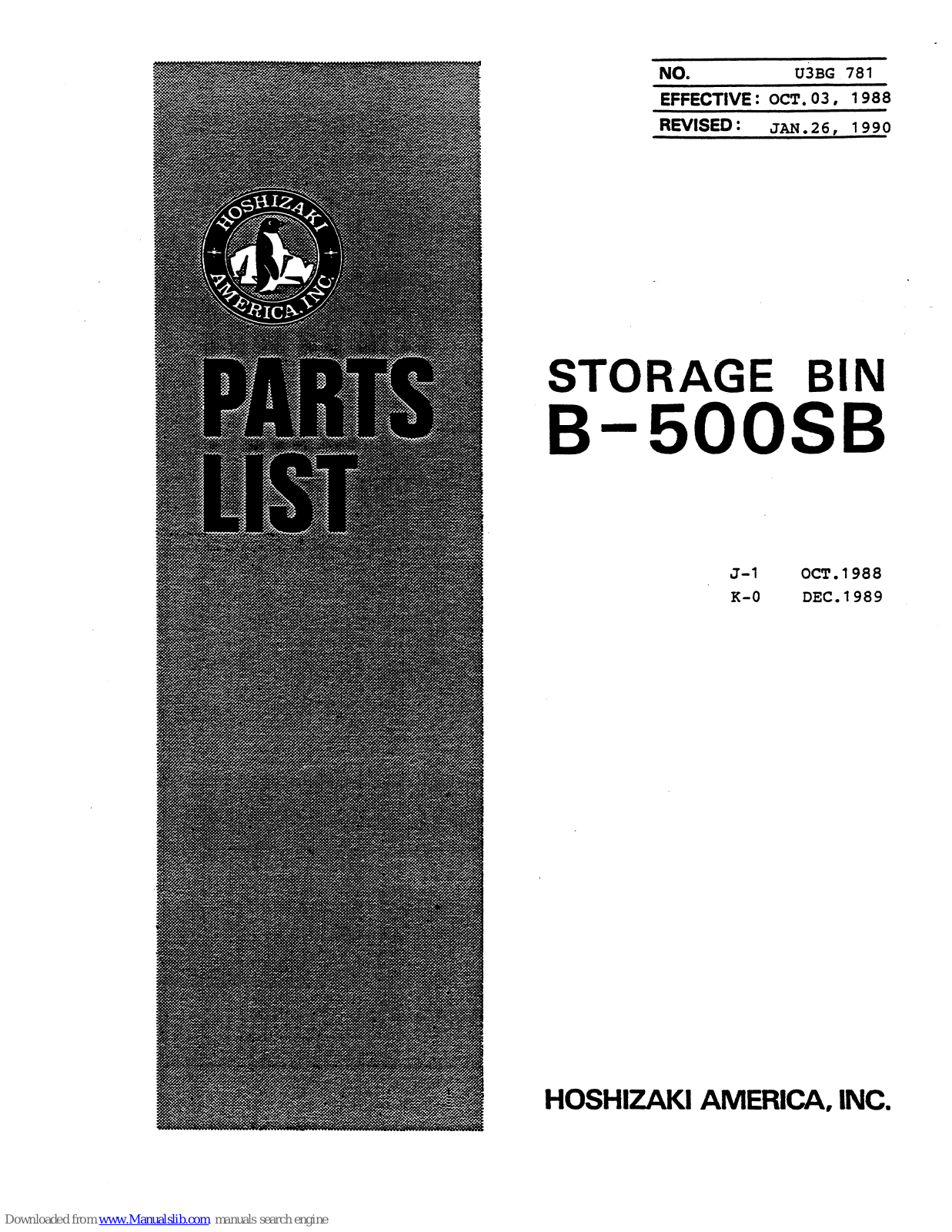 Hoshizaki B-500SB Parts List