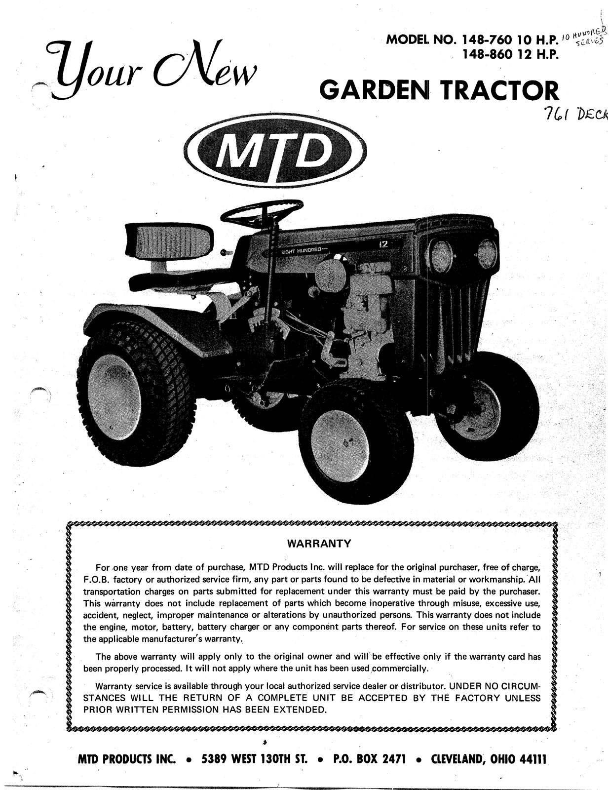 MTD 148-760 10 HP, 148-860 10 HP, 148-860 12 HP User Manual