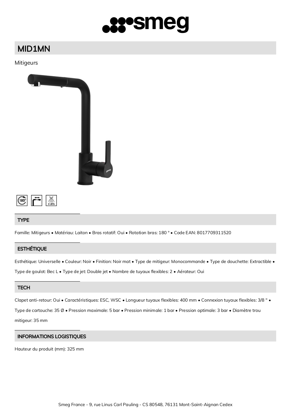 Smeg MID1MN Product Information Sheet