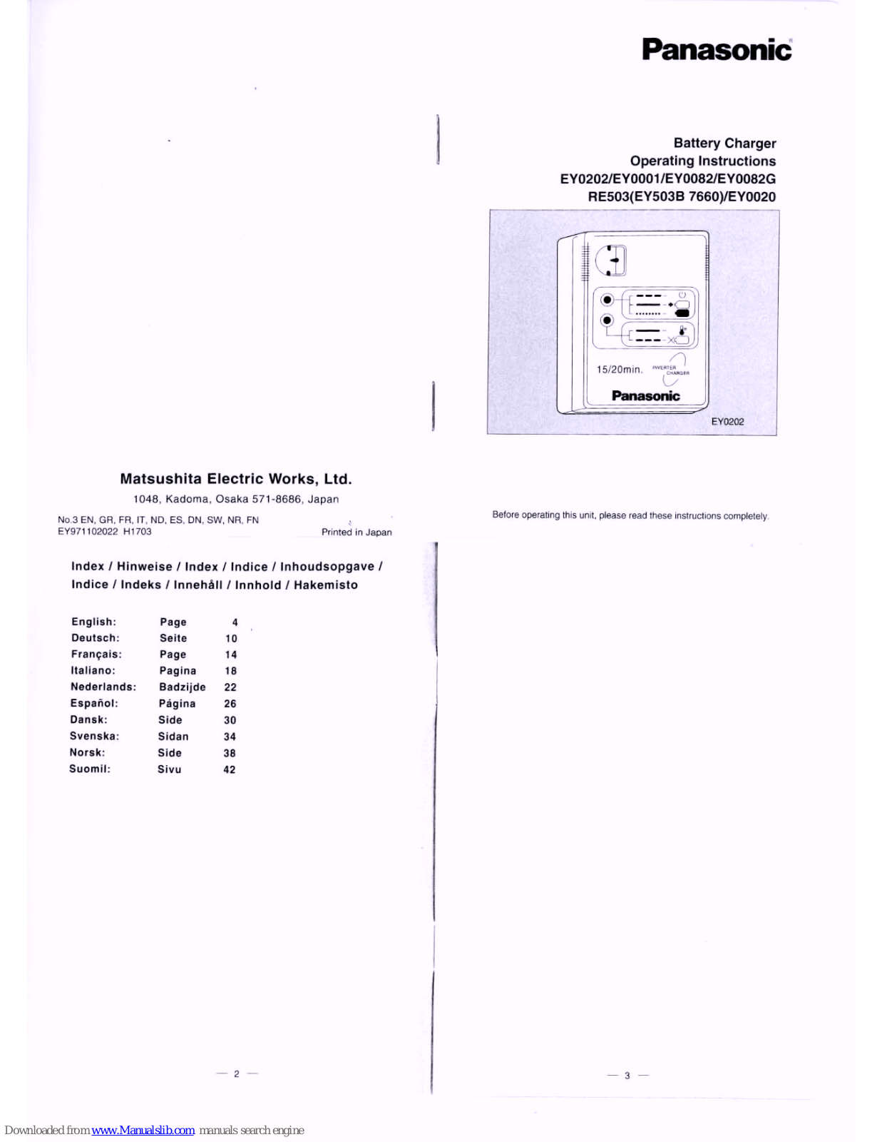 Panasonic EY0020, EY0202, EY0001, EY0082, EY0082G Operating Instructions Manual