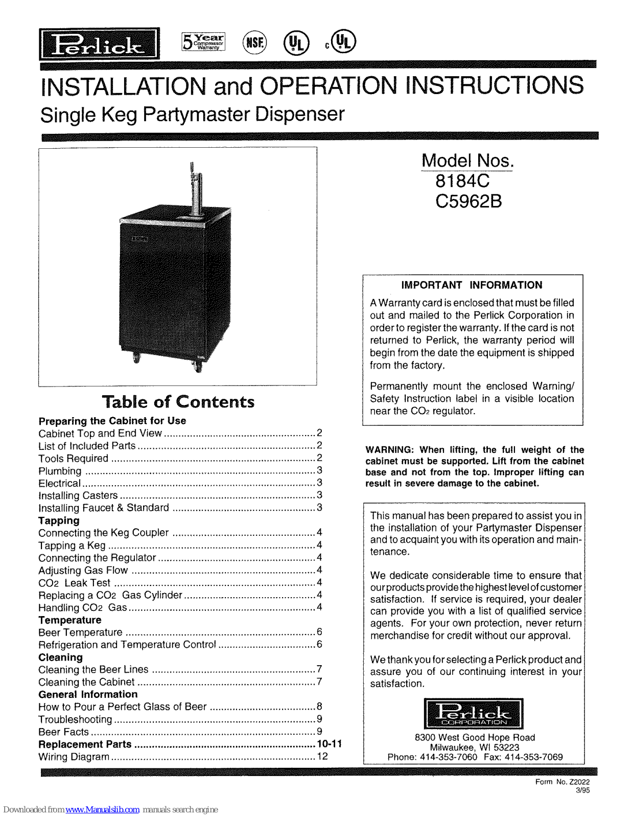 Perlick 8184C, C5962B Installation And Operation Instructions Manual